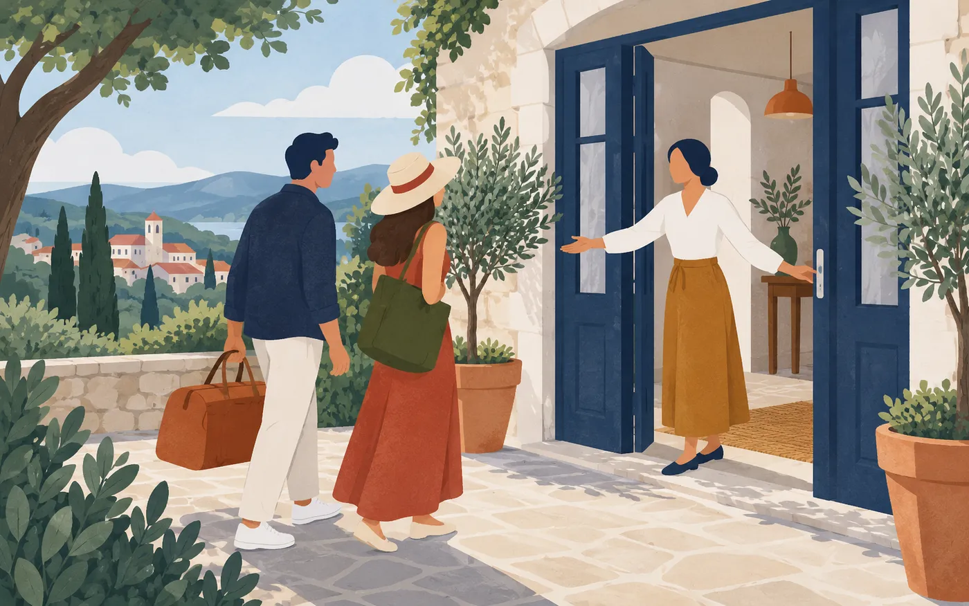 A host welcoming two visitors through an open French doorway with a friendly gesture.
