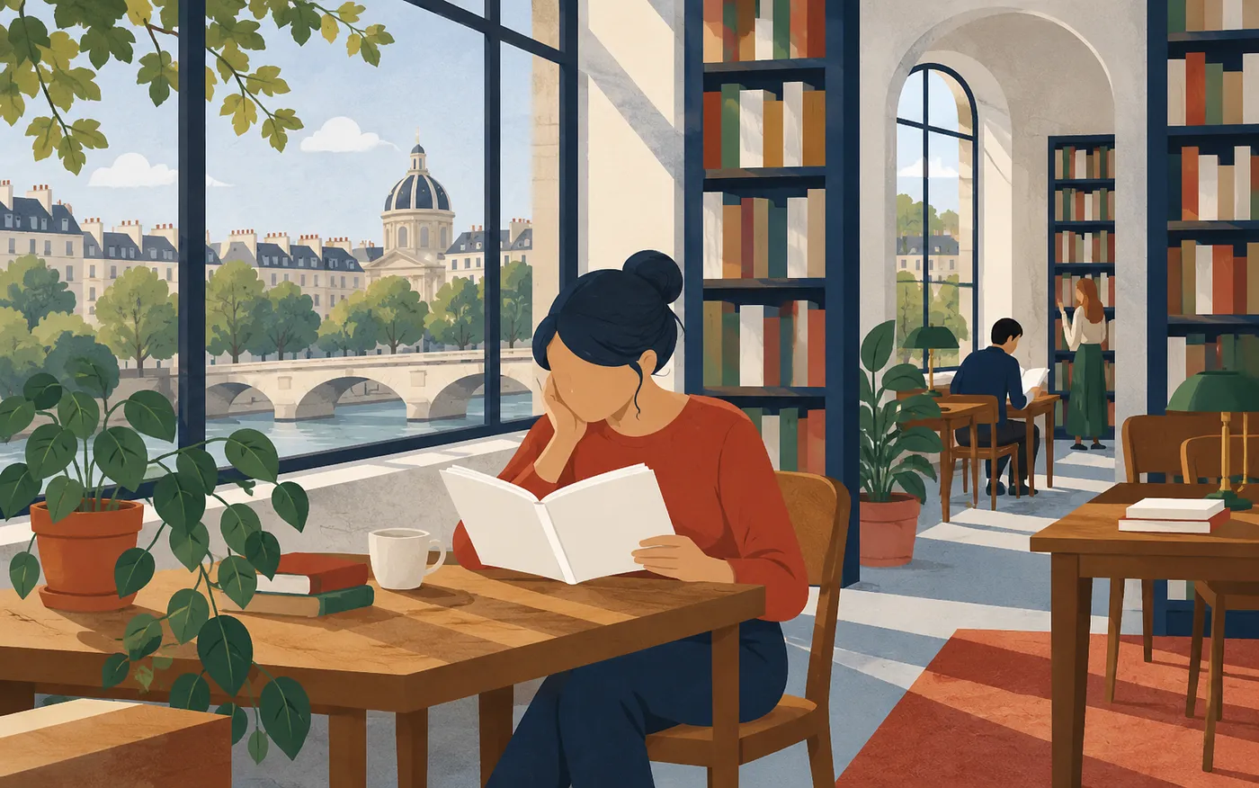 A reader absorbed in a completely blank book at a quiet French library window.