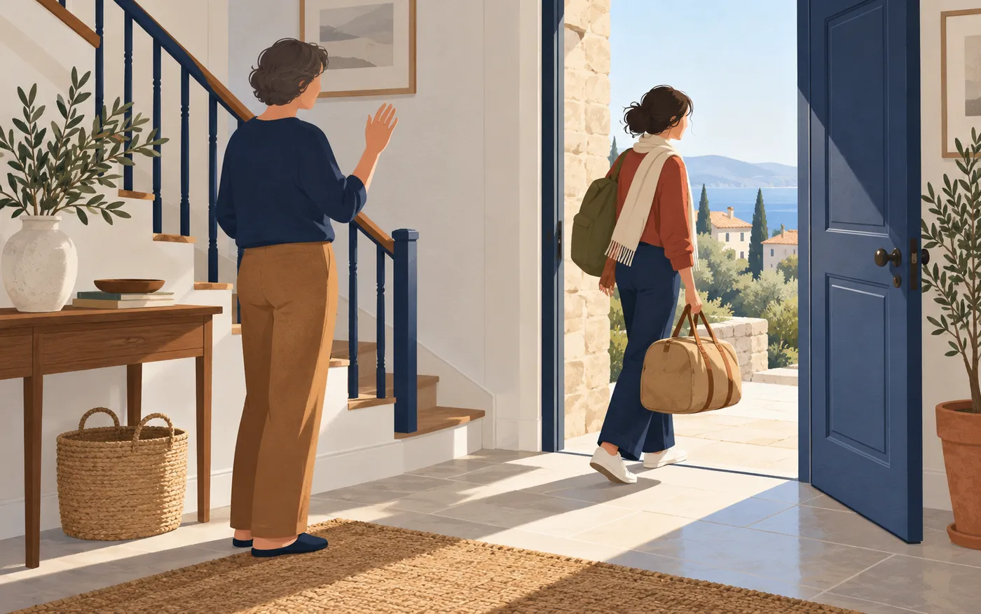 A traveller getting ready to leave a home.