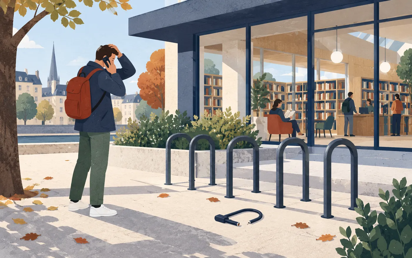 A person phones beside an empty bicycle stand and cut lock.