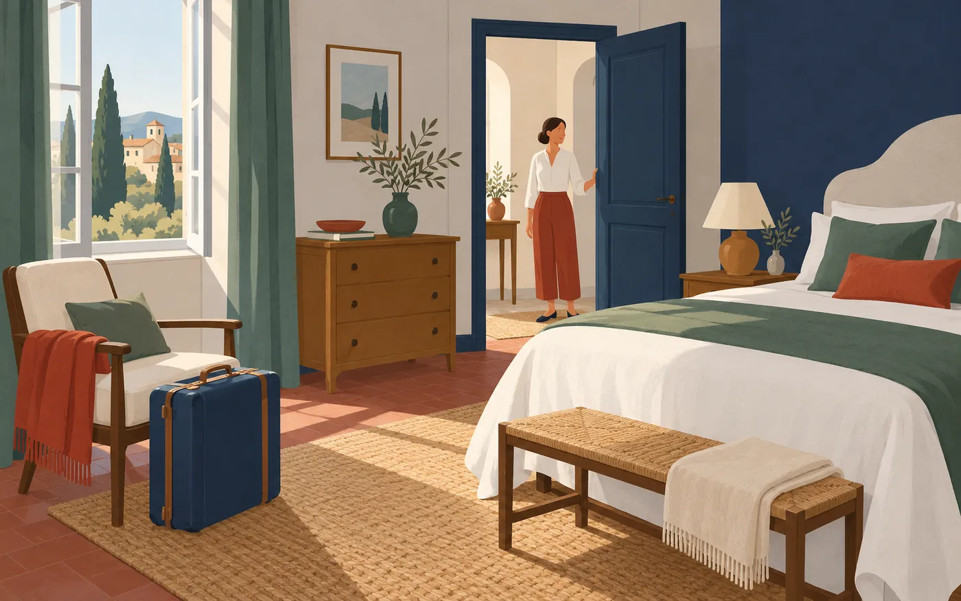A guest room prepared for arriving visitors.