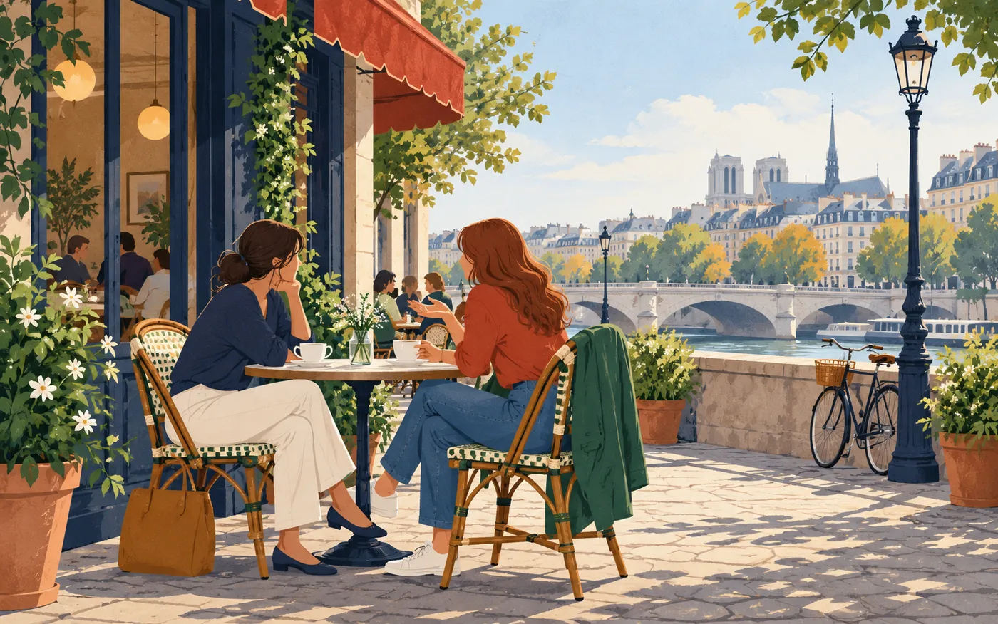 Two friends chat casually on a café terrace.