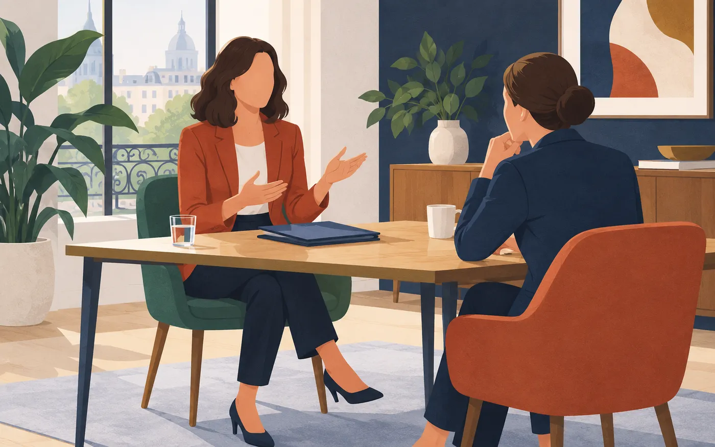 Nadia discussing her return to work with a recruiter.