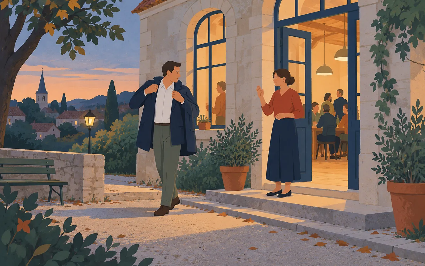 Two people saying goodbye outside an evening event.
