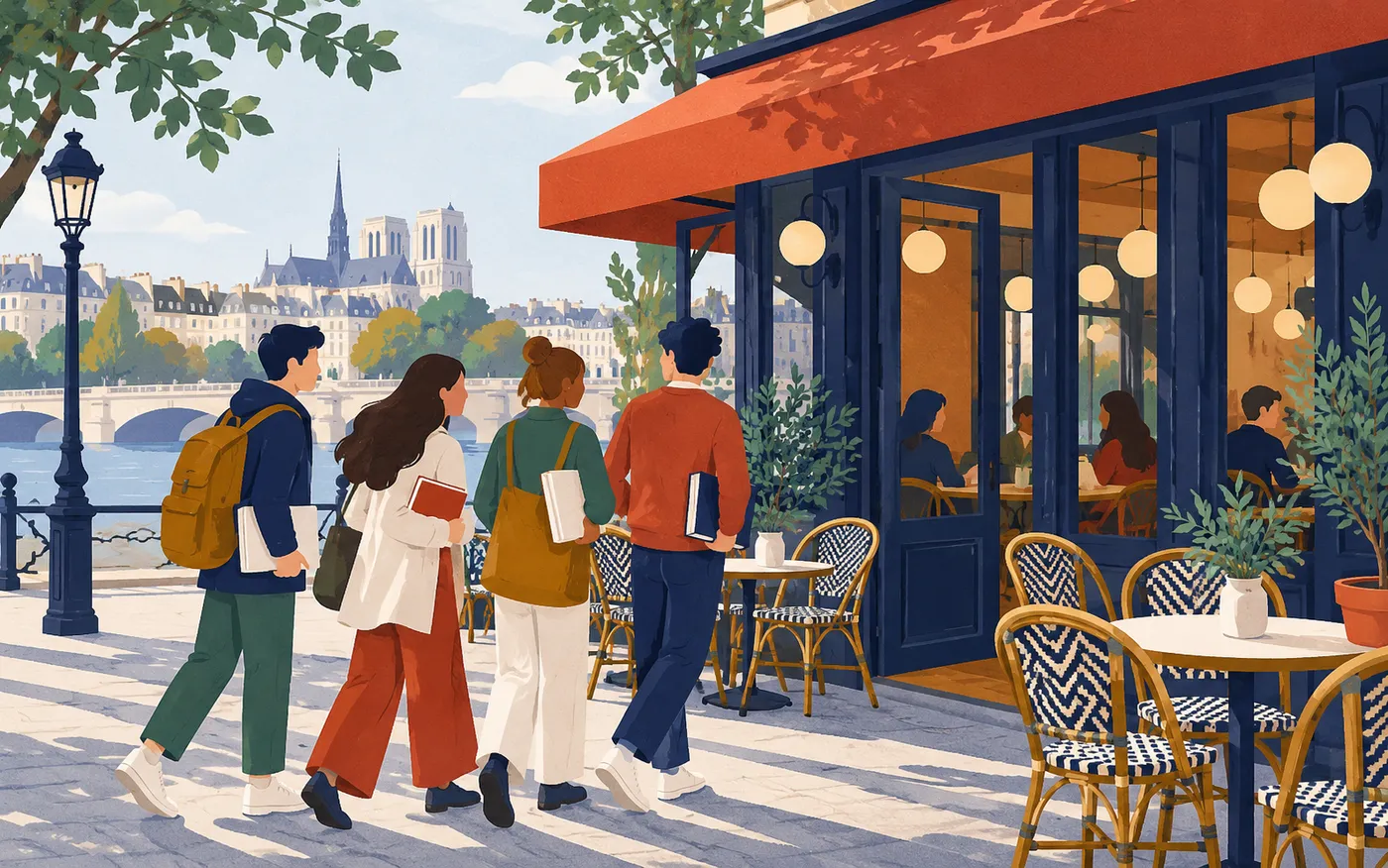 A small group of friends arriving together at a French café with books under their arms.