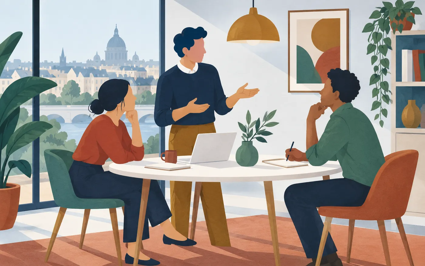 Three colleagues arranging a meeting around a small table, each listening to the current speaker.