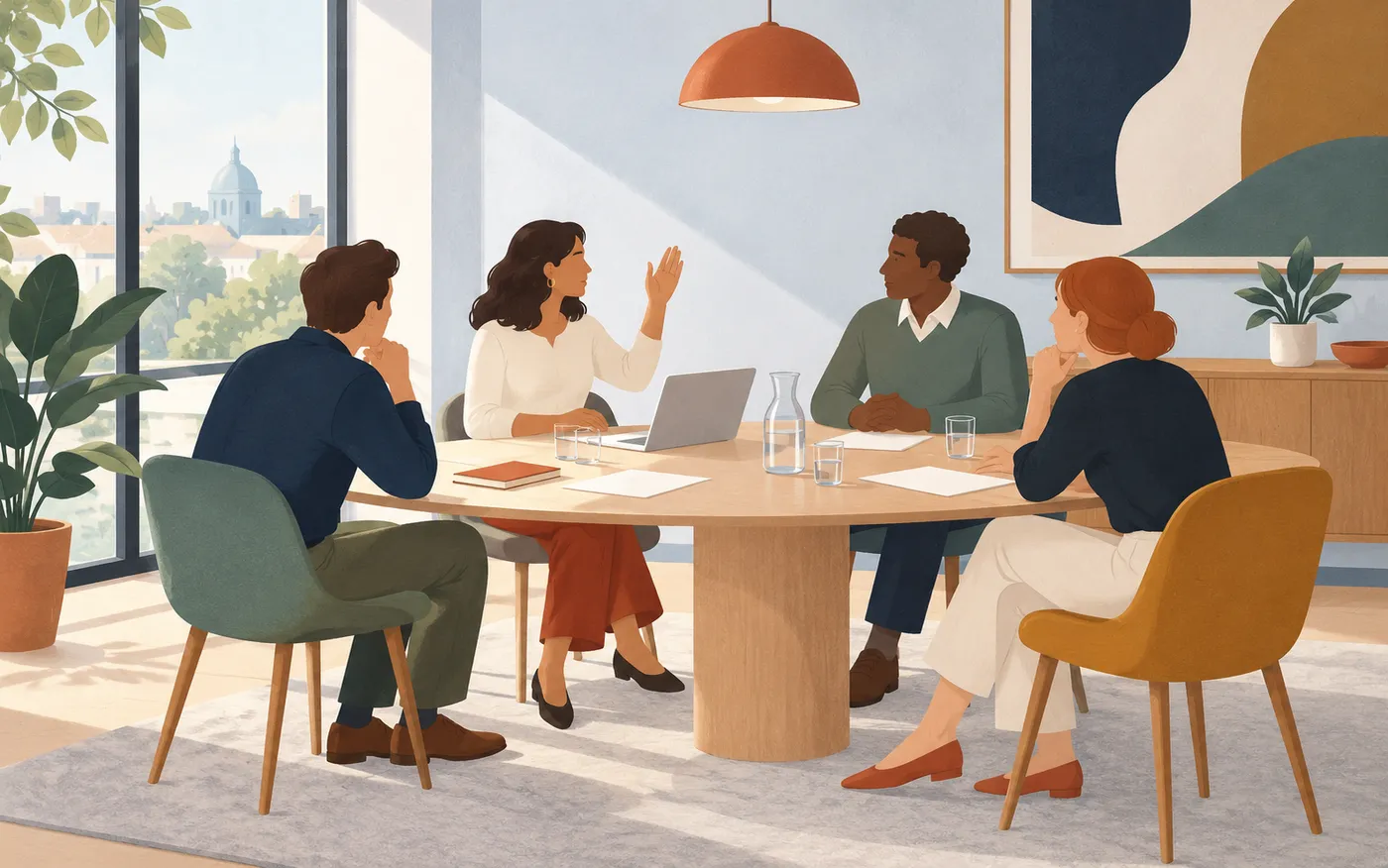 A woman raises one hand slightly to request a turn while colleagues listen around a small meeting table.