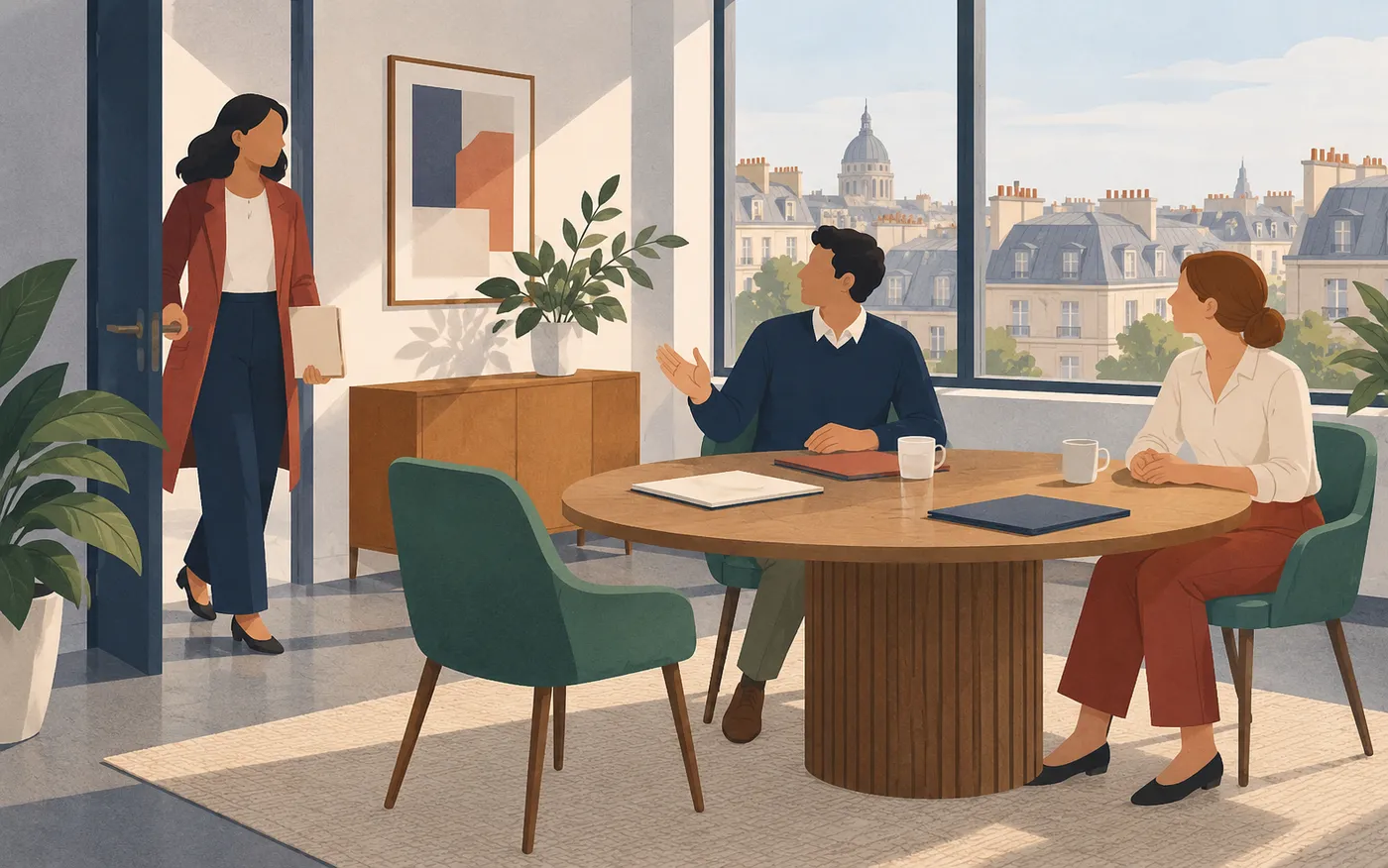 A participant arrives while colleagues wait in a meeting room.