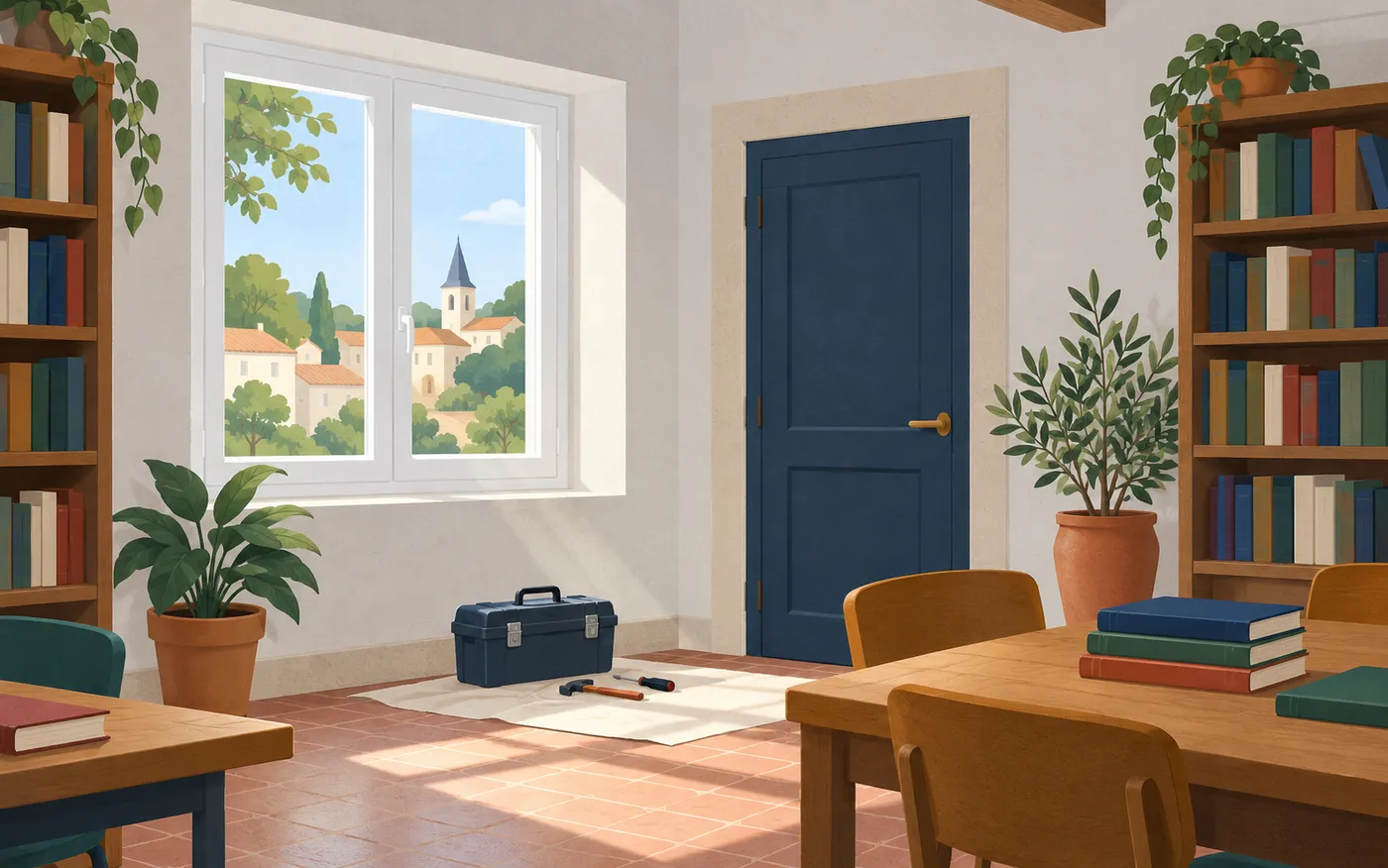 A newly fitted window beside a toolbox in a French reading room.