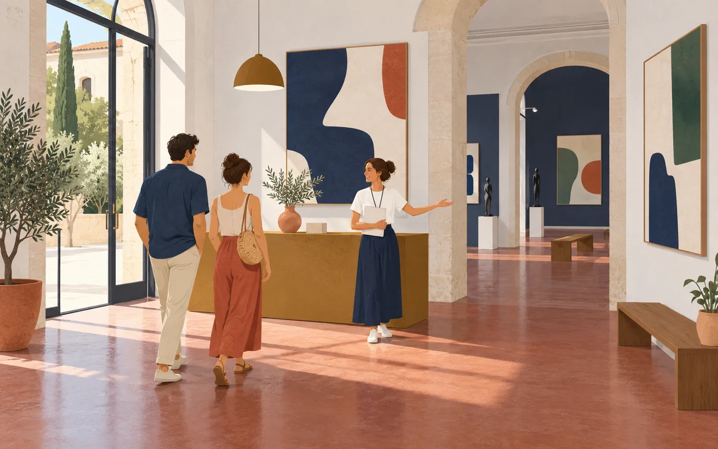 A young adult summer worker welcomes two visitors into a modest French cultural centre with unlabelled abstract artworks on the walls.