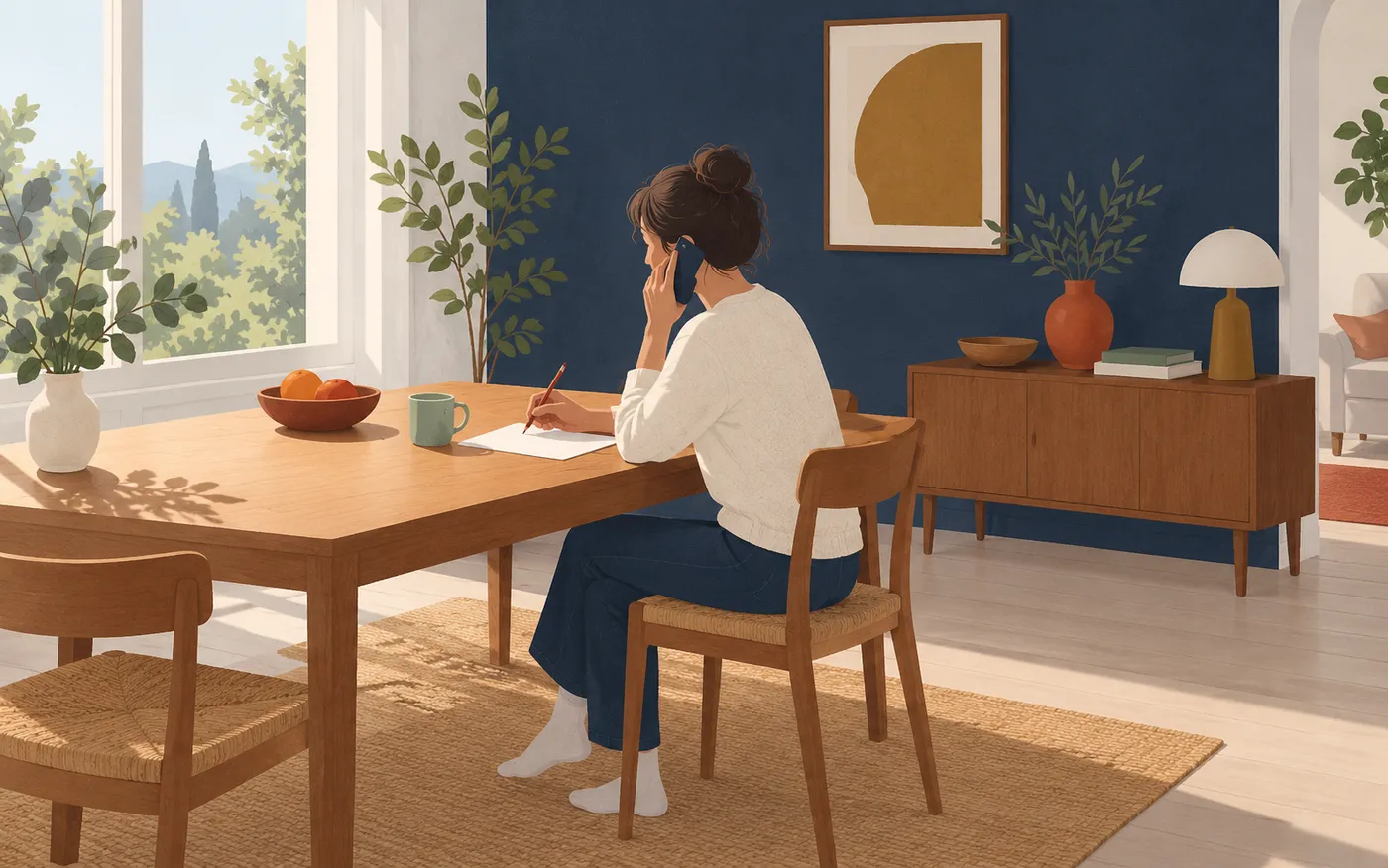 An adult listens carefully on a telephone with a pencil poised above a completely blank sheet at a simple home table.