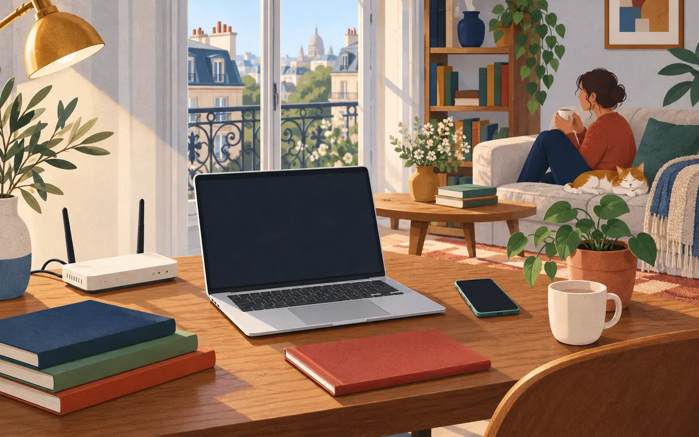 A router, laptop and phone sit on a French apartment desk.