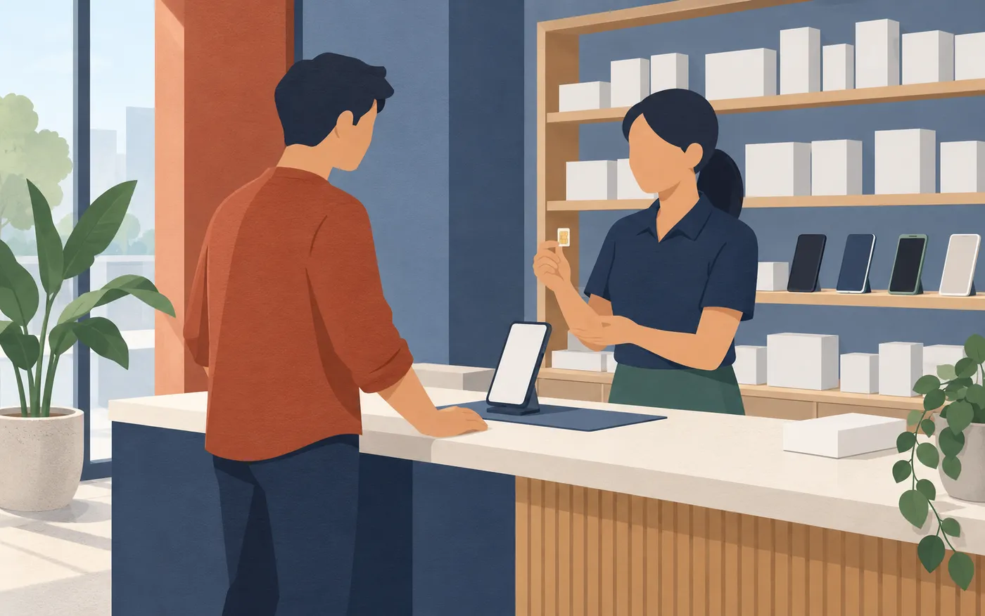 一位女店员用手机和 SIM 卡为一位男顾客提供帮助。