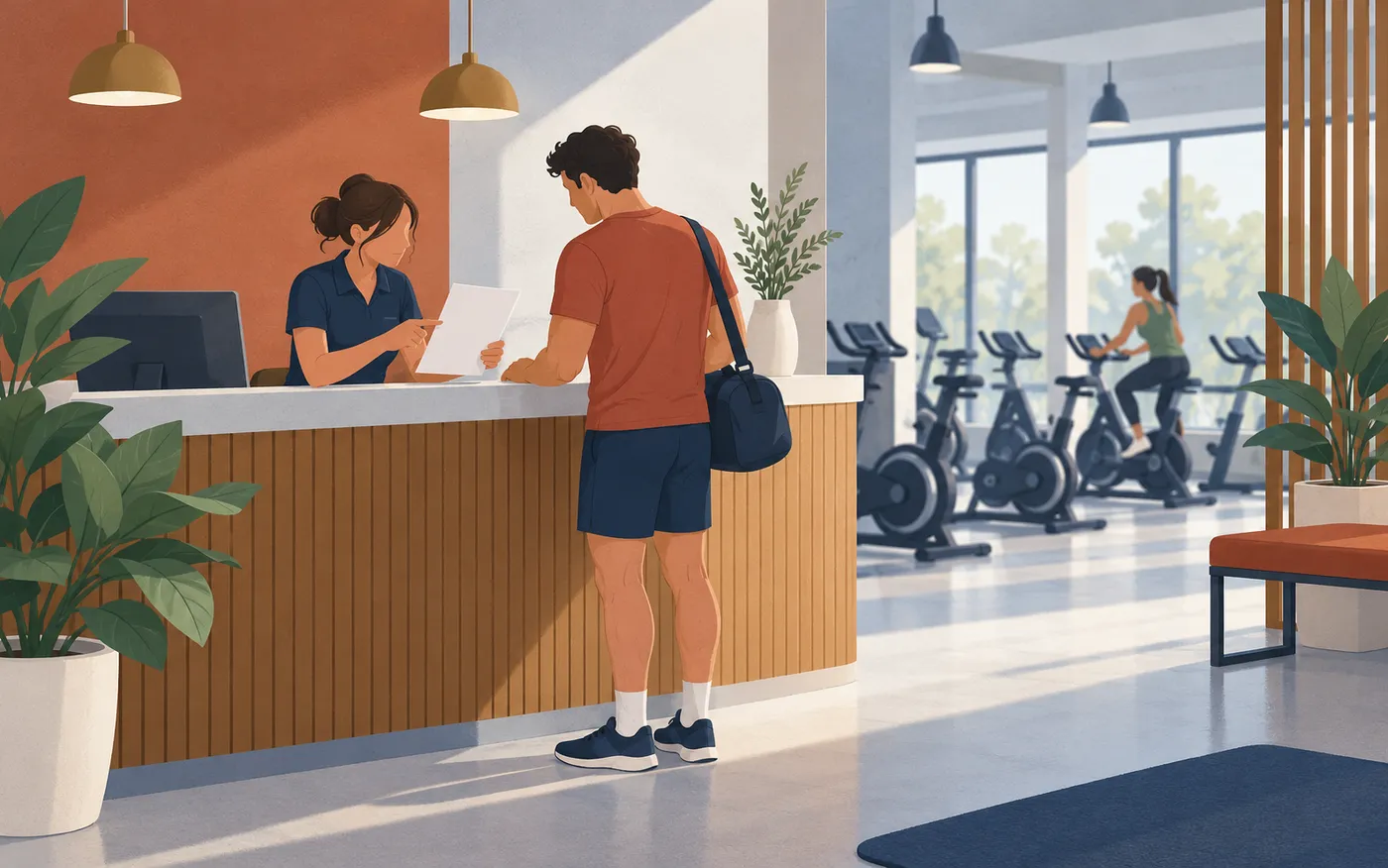 A gym member with a small sports bag discusses a blank sheet with a receptionist at a simple gym desk, exercise bicycles visible behind, no signs or logos.
