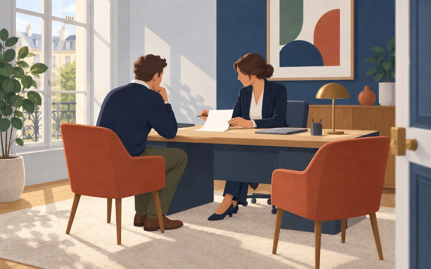 A customer discusses a completely blank sheet with a bank adviser across a tidy desk in a small French bank office, no written materials or signage.