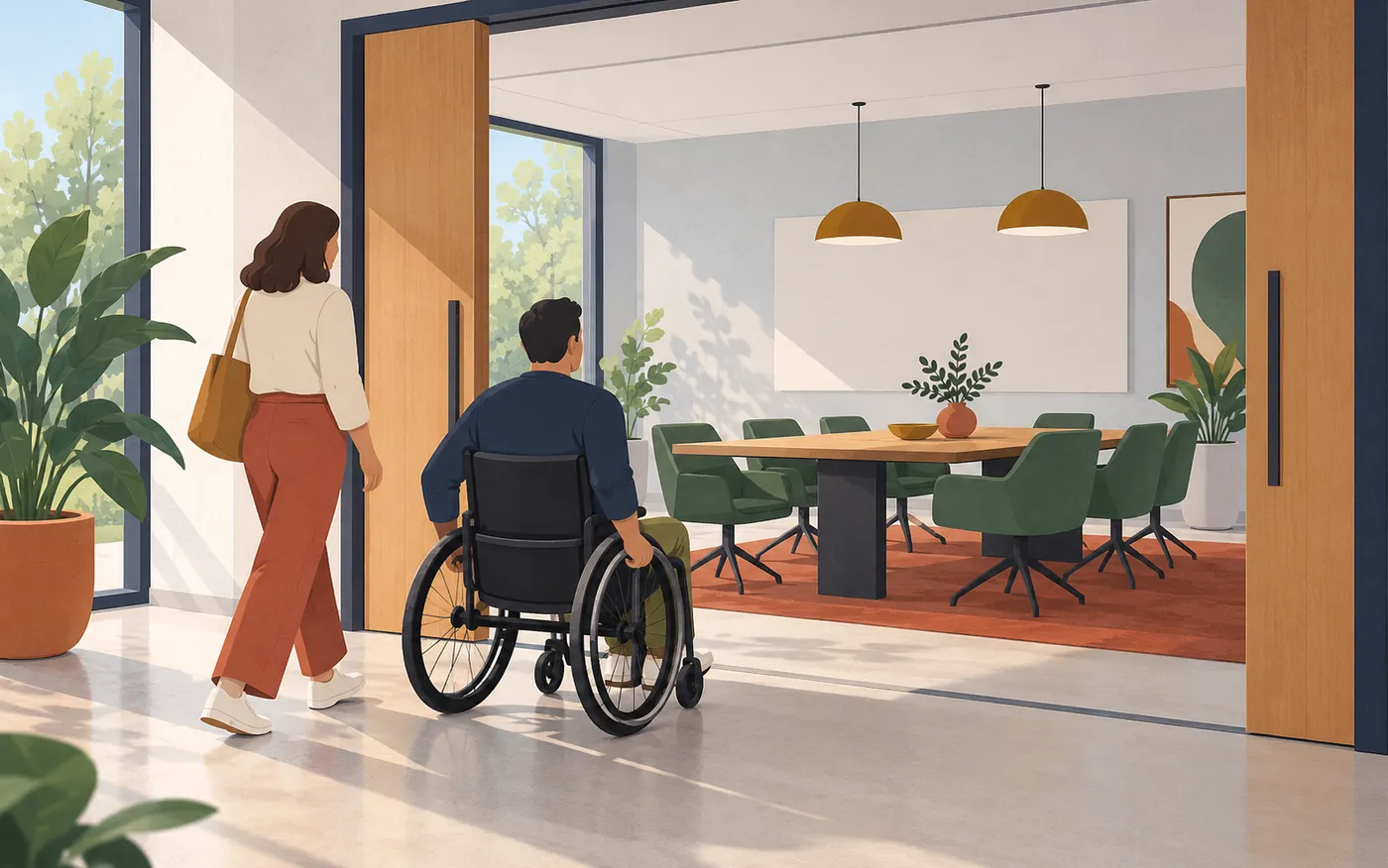 Una persona usuaria de silla de ruedas y un compañero llegan a una sala de reuniones tranquila en la planta baja por una puerta ancha y sin desnivel; no hay escalones ni carteles.