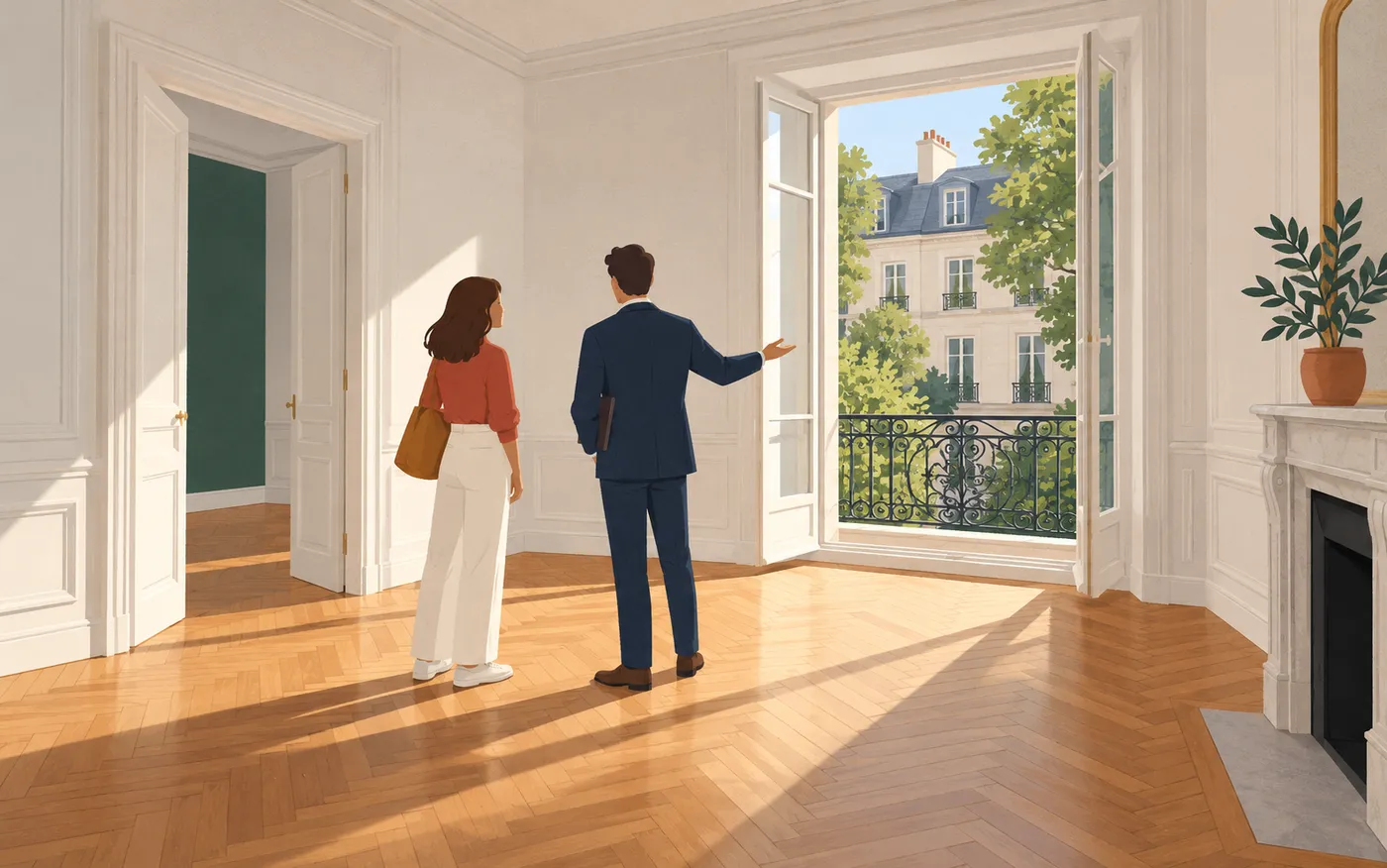 An agent shows a prospective tenant an attractive unfurnished French apartment with parquet flooring and a window overlooking a peaceful courtyard.