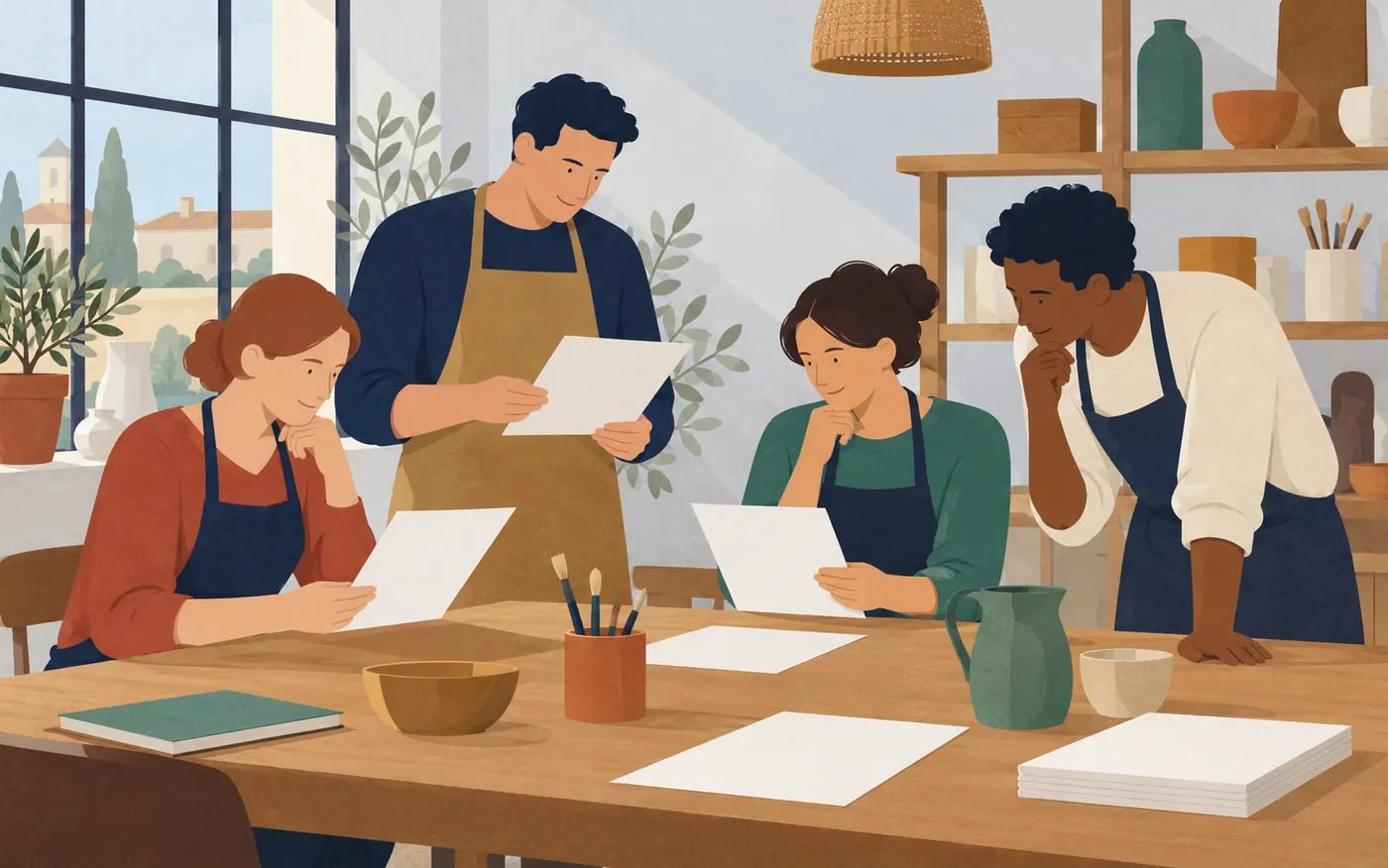 Exactly four adult beginners considering plain blank instruction sheets at a French workshop table.