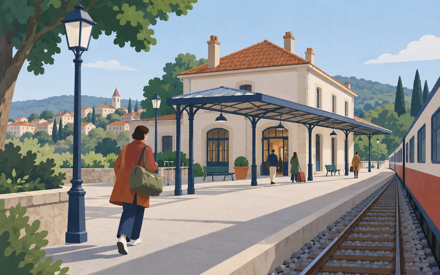 A person walking toward a modest French railway station with a plain bag; no station signs boards numbers or text.