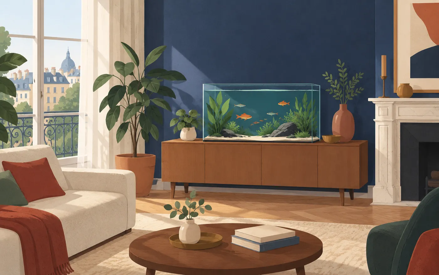 A tranquil aquarium with a few simple fish swimming among green aquatic plants, viewed from a quiet French living room, no people or labels.