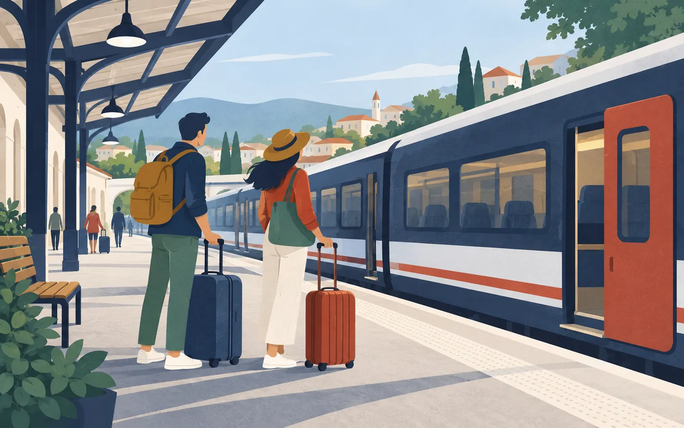 Two travellers considering a train beside their suitcases on a French station platform.