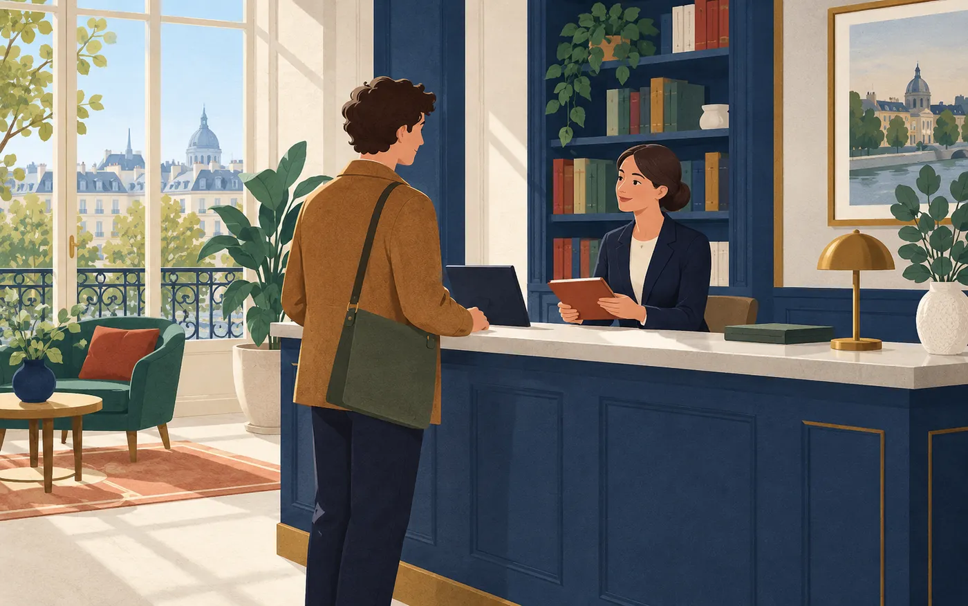A visitor and receptionist confirm an arrangement at a counter.