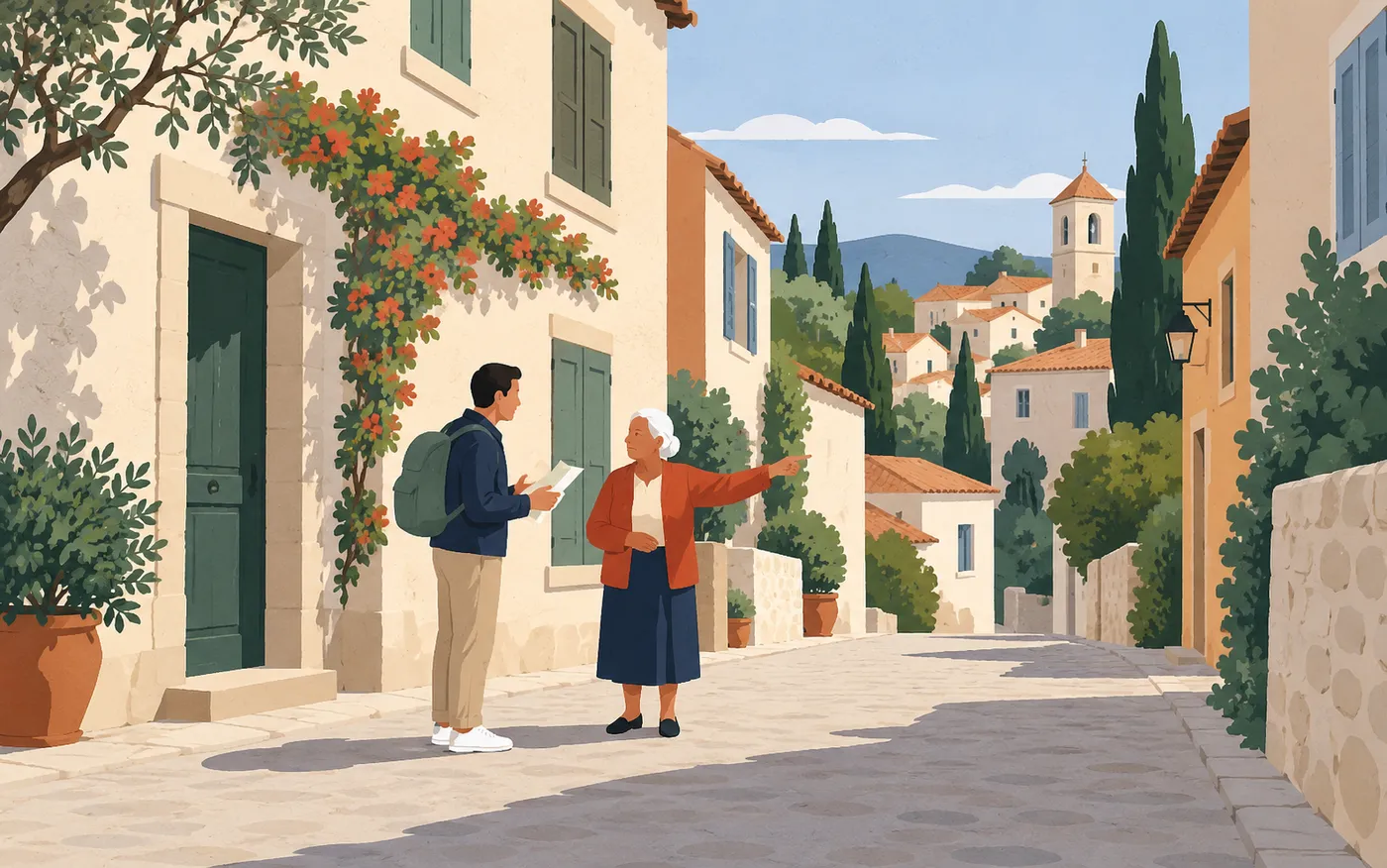A visitor asking a resident a question on a quiet French neighbourhood street, small full figures, no maps or signs.