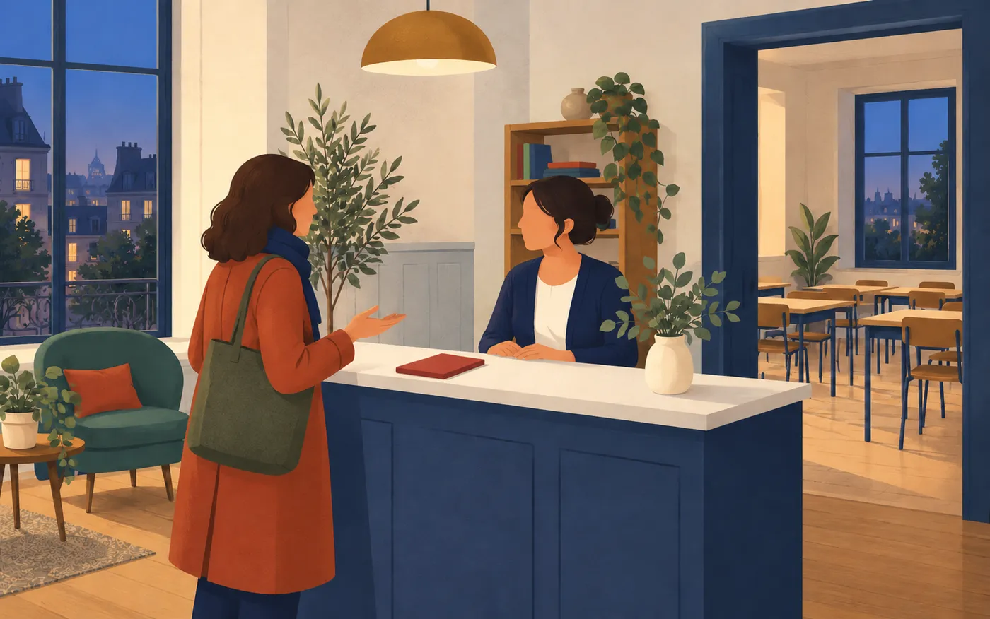 A visitor asks about evening classes at reception.