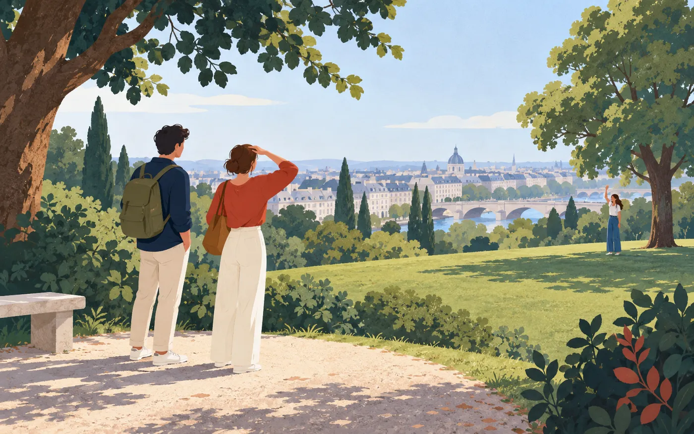 Two friends pause on a French park path, one shading their eyes and looking towards a distant third friend beside a tree.