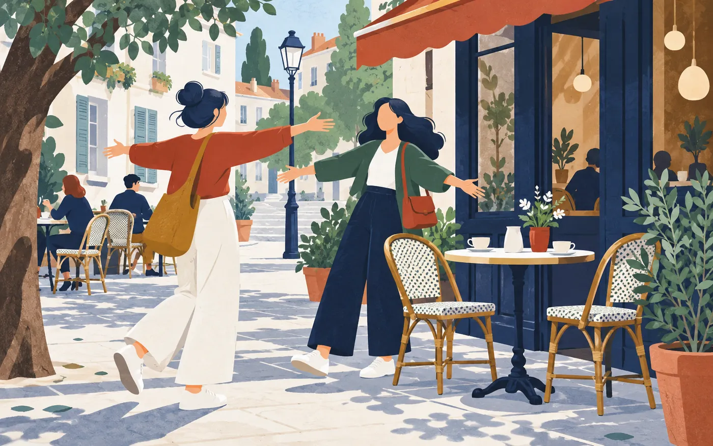 Two friends greeting one another warmly beside a French café table.