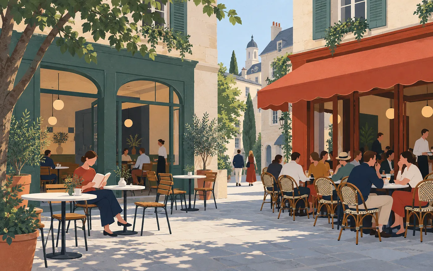 Two neighbouring French cafés, one quiet with spacious tables and a student reading a blank book, the other busier with closely spaced chairs; no menus or signs.