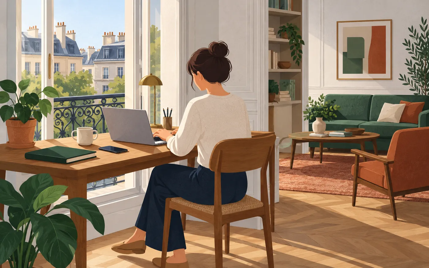 A person works at a quiet desk at home.