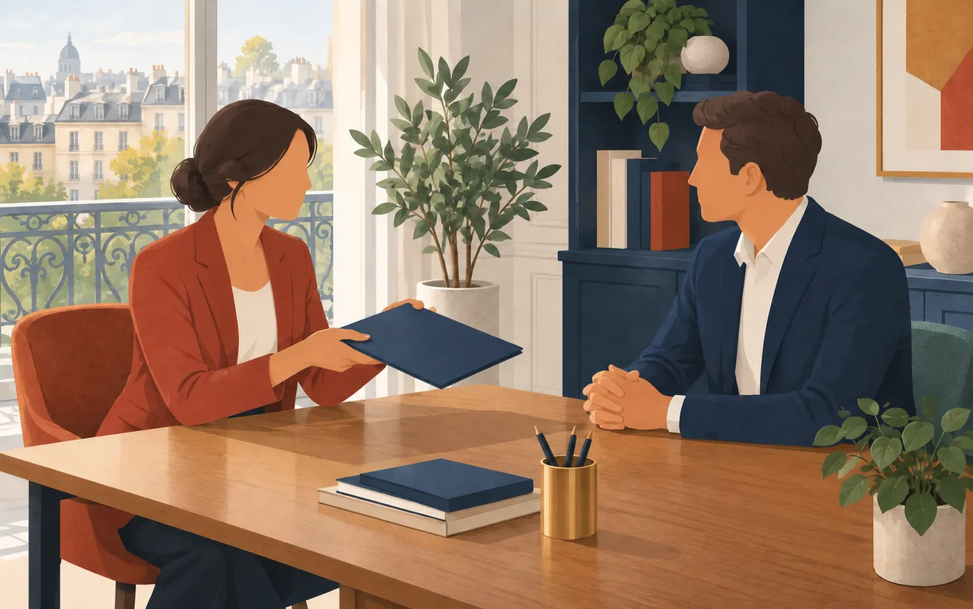 Colleagues discuss a report folder across a desk.