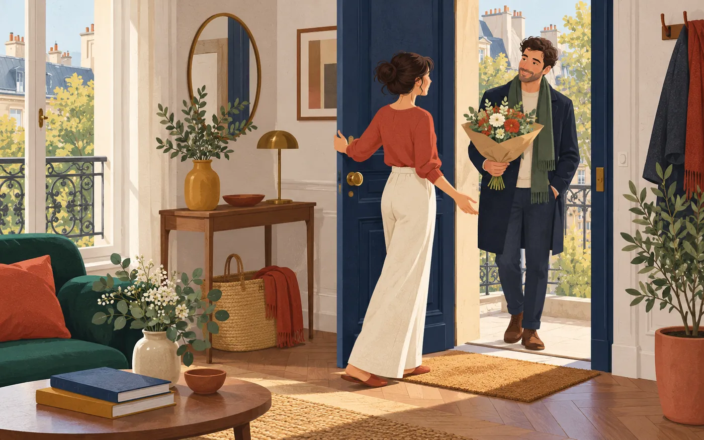 A woman welcoming a hoped-for visitor at a French apartment door.