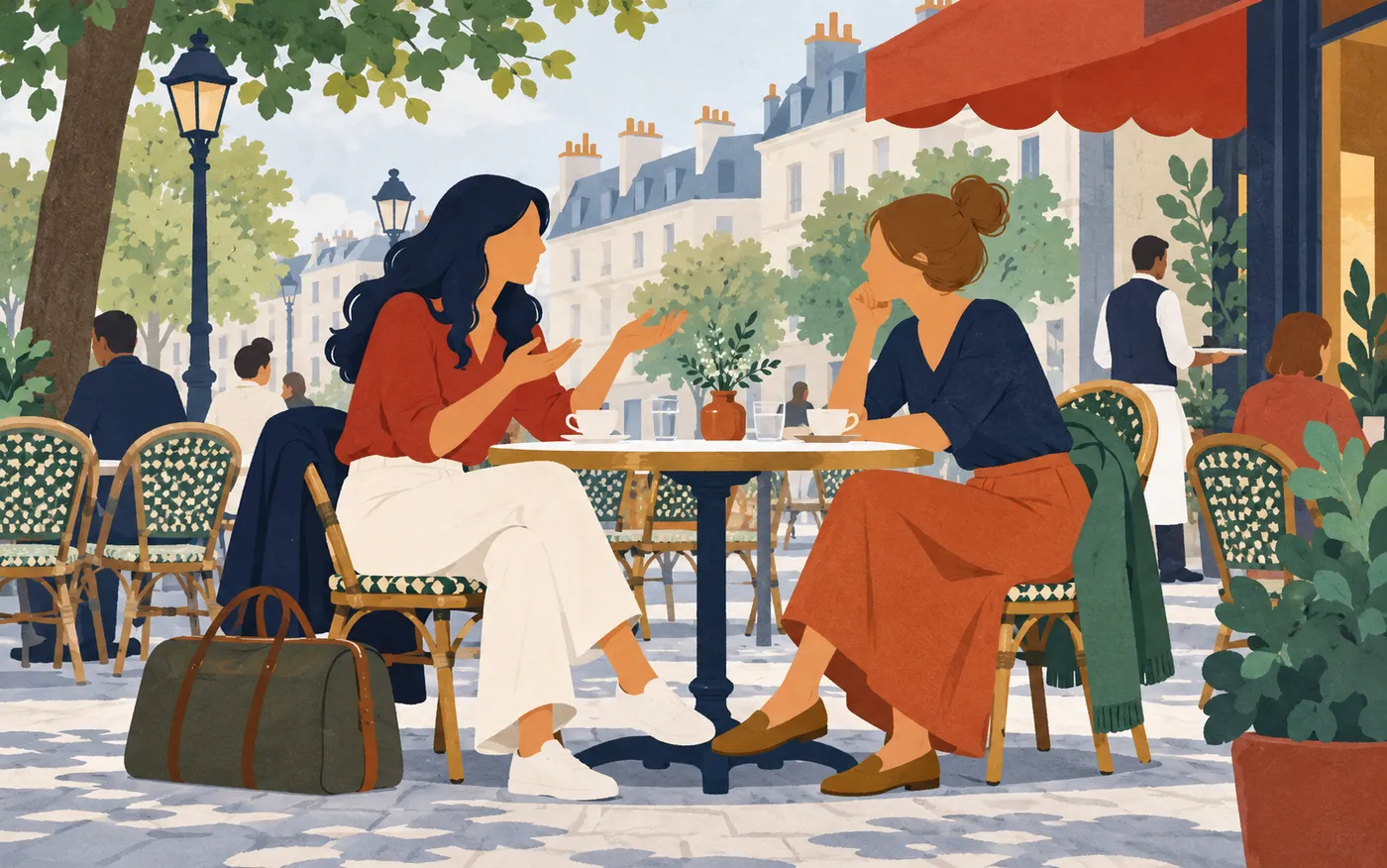 一位旅客在 Paris 咖啡馆向朋友转述对话，椅旁放着旅行包。