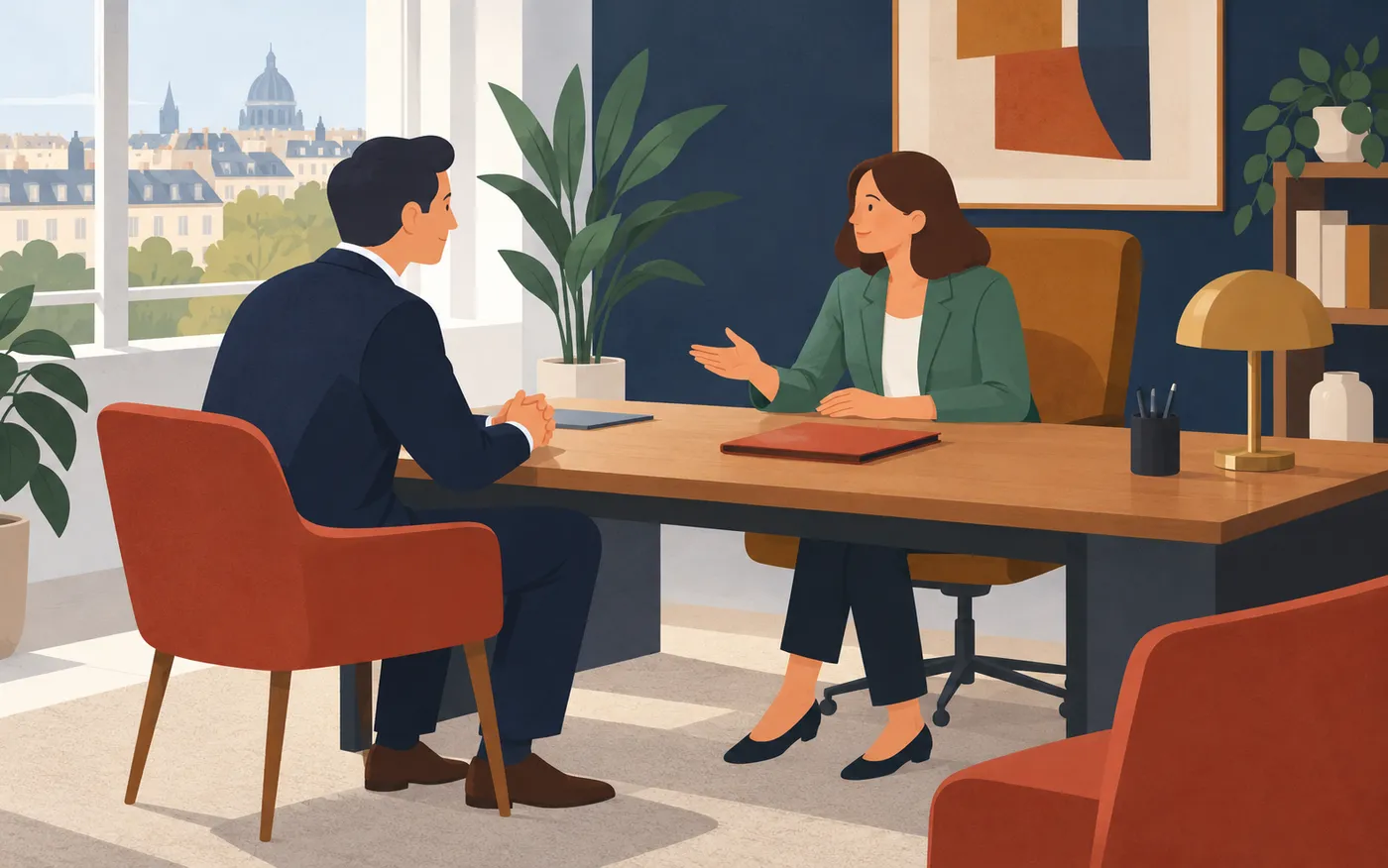 A candidate and recruiter discussing an offer across a French office desk with a plain closed folder.