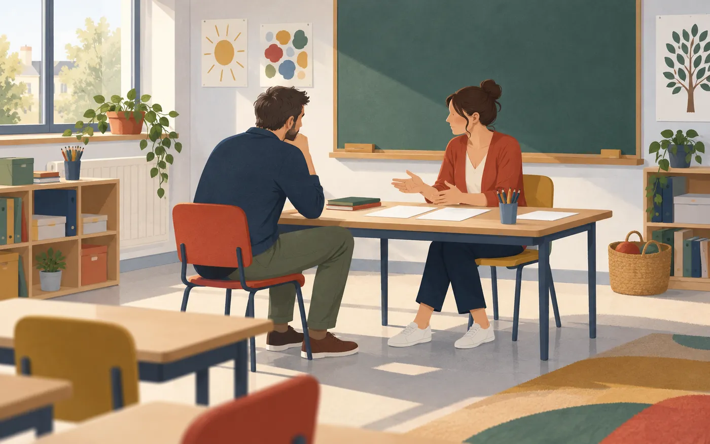 Un padre y una profesora hablan del progreso de una niña en un pequeño escritorio de un aula francesa tranquila; todos los papeles y libros están completamente en blanco y no hay texto en las paredes.