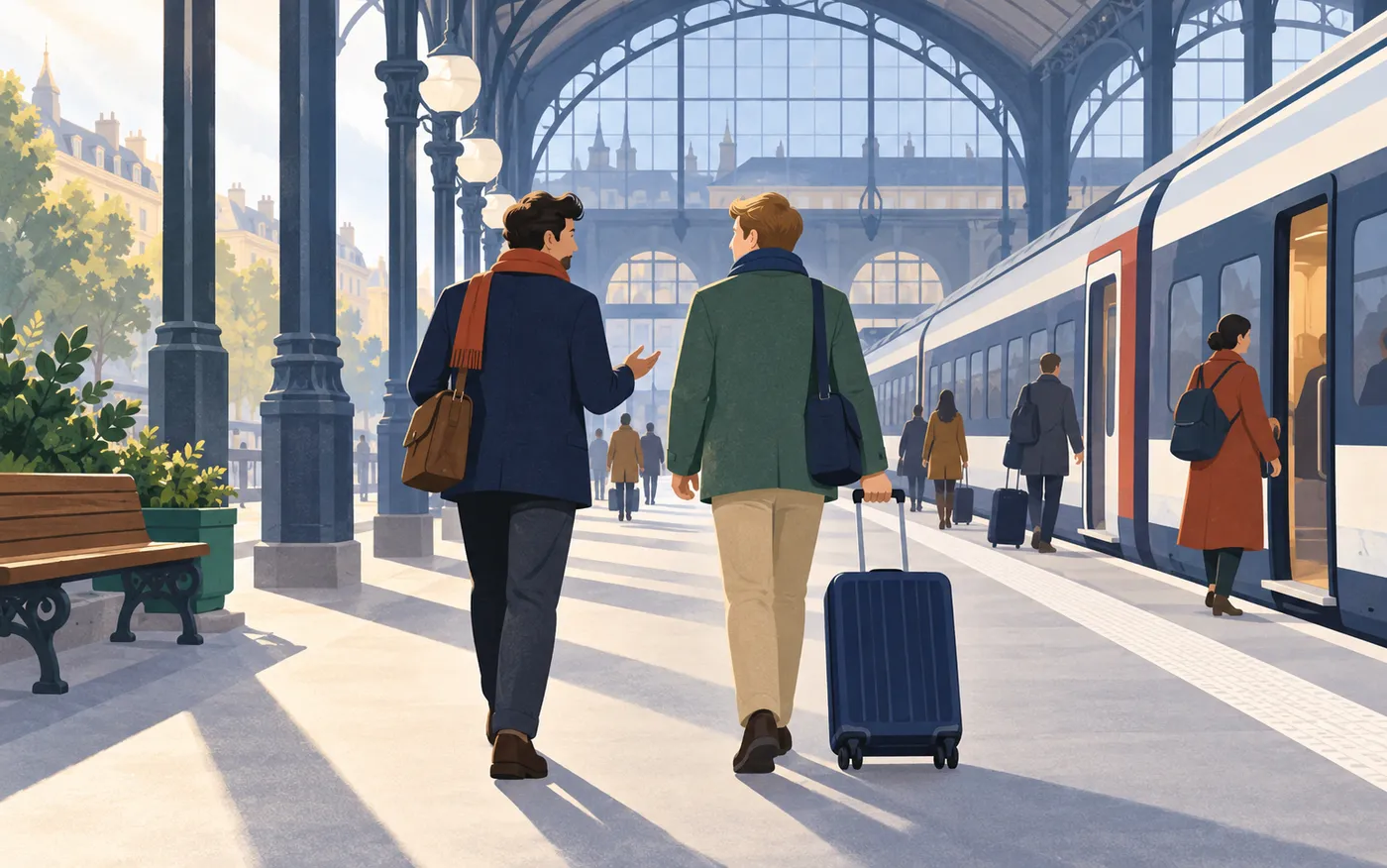 A man accompanies a colleague with a suitcase to a French railway station.