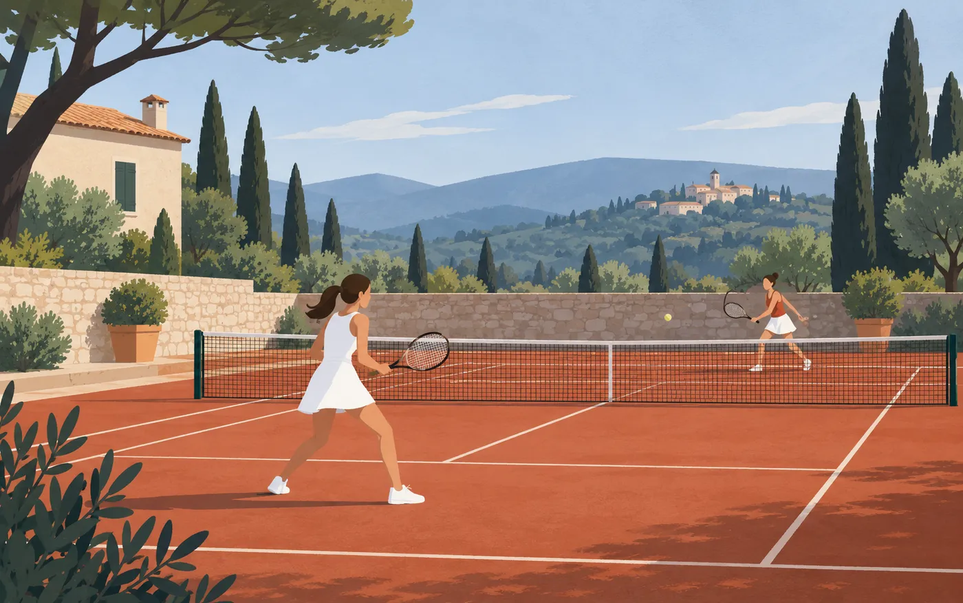 Two women playing tennis on a modest French outdoor court, shown from a distance, rackets natural, no signs writing or scoreboards.