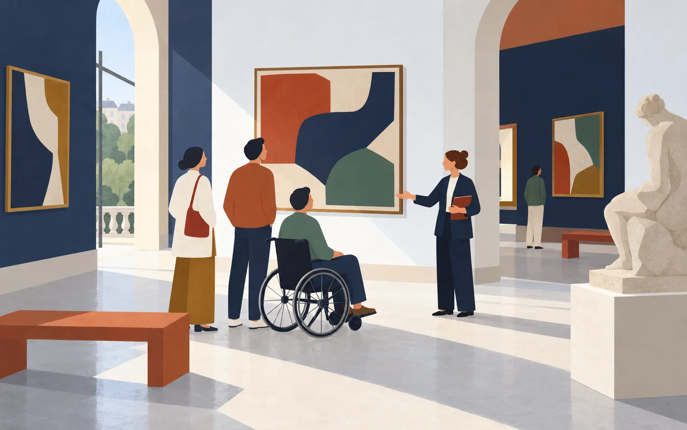 Visitors and a museum worker discussing access in a quiet French art museum with framed abstract colour shapes and a stone sculpture; no labels.