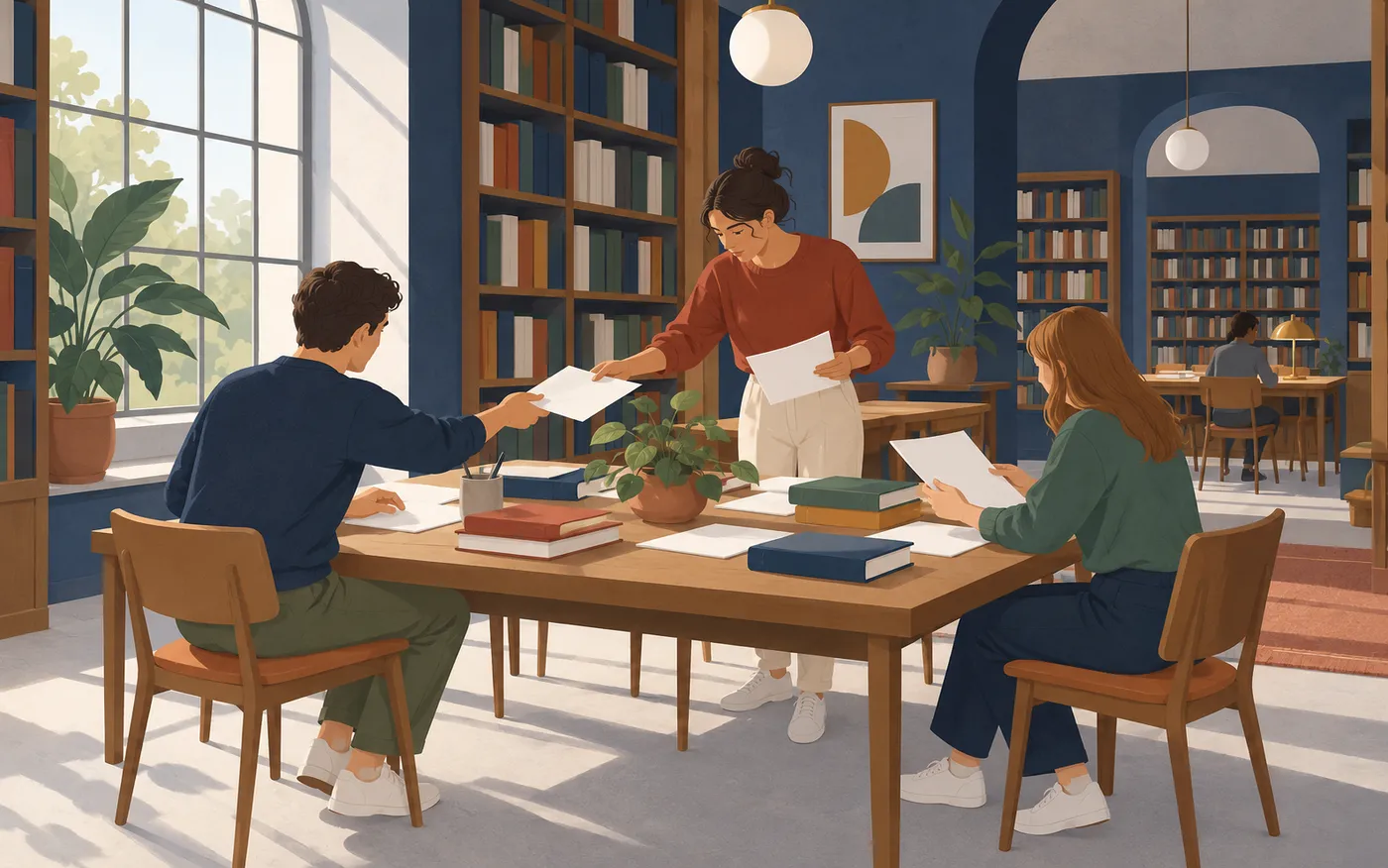 Three adult students divide work around a quiet library table, passing completely blank sheets between plain unlettered closed books.