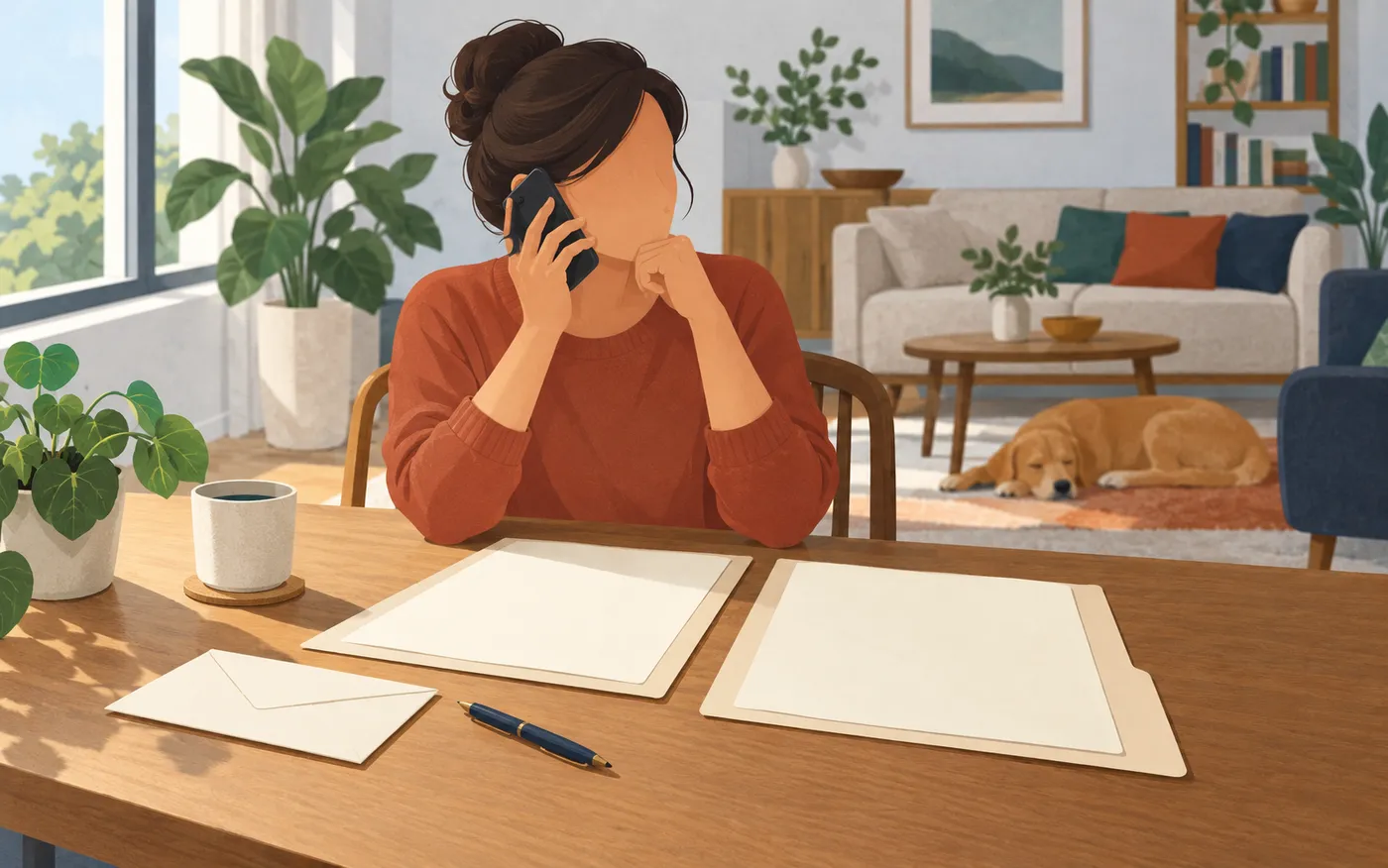 Una mujer revisa la correspondencia mientras habla con atención al cliente.