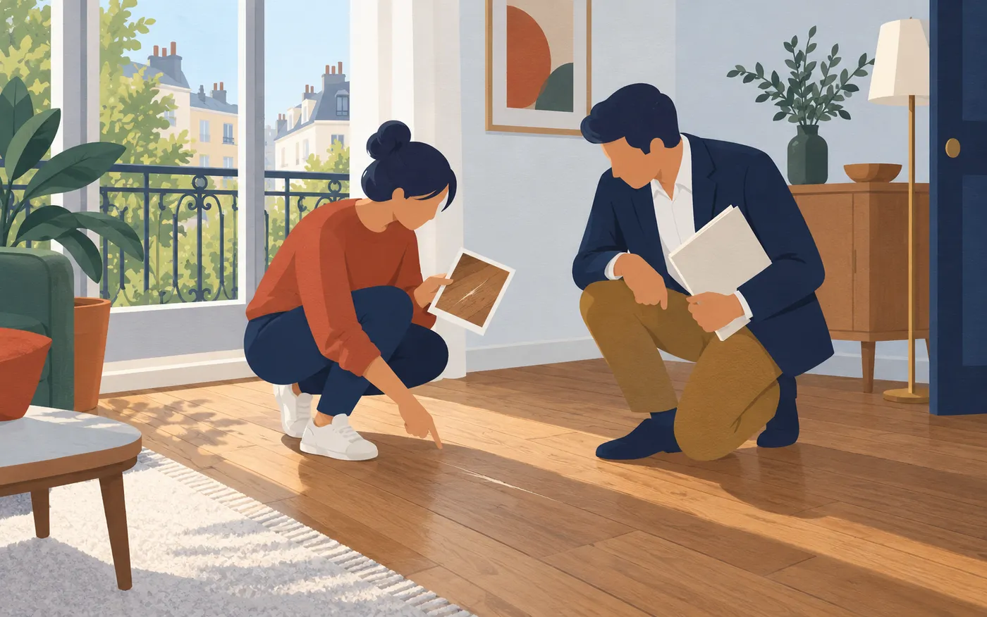 A tenant and landlord examining a scratch in parquet near a window, a plain inventory folder and photo print in hand.
