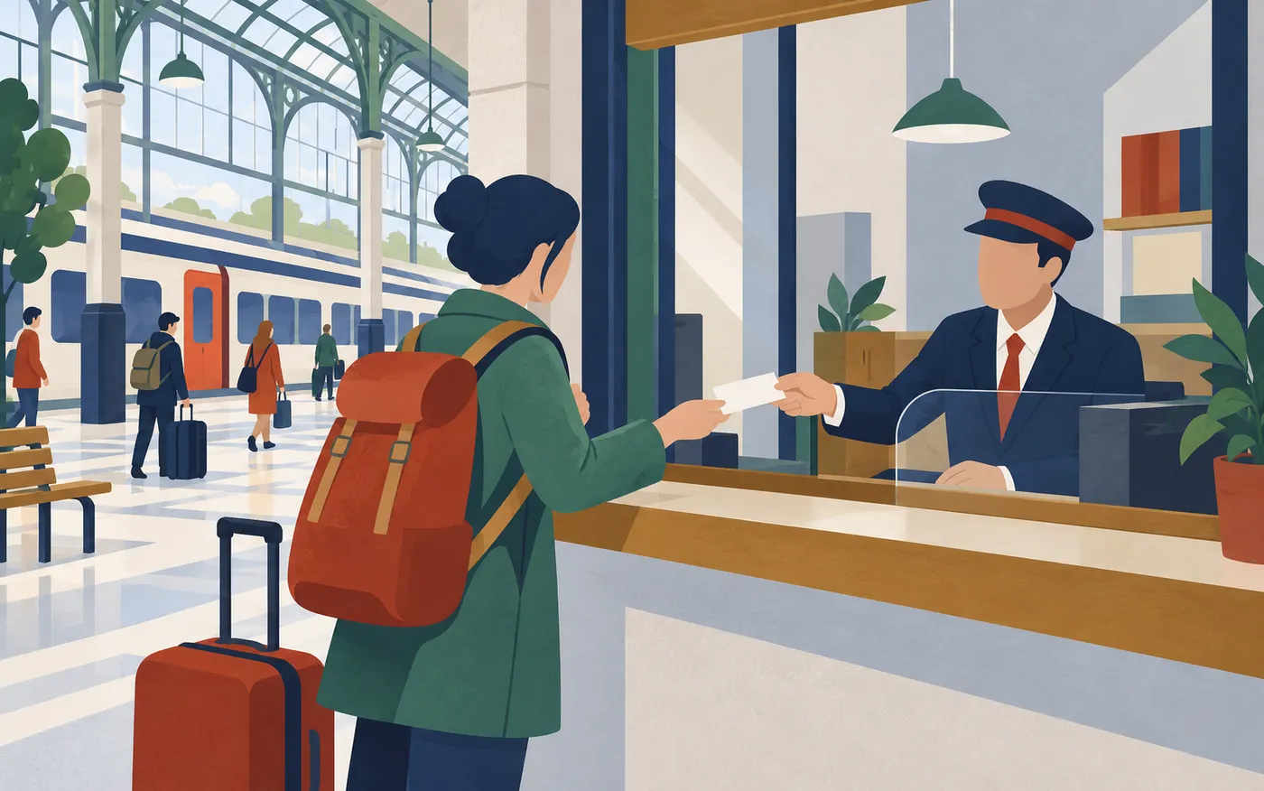 A traveller asking a station clerk to exchange a completely blank ticket across a French railway counter.