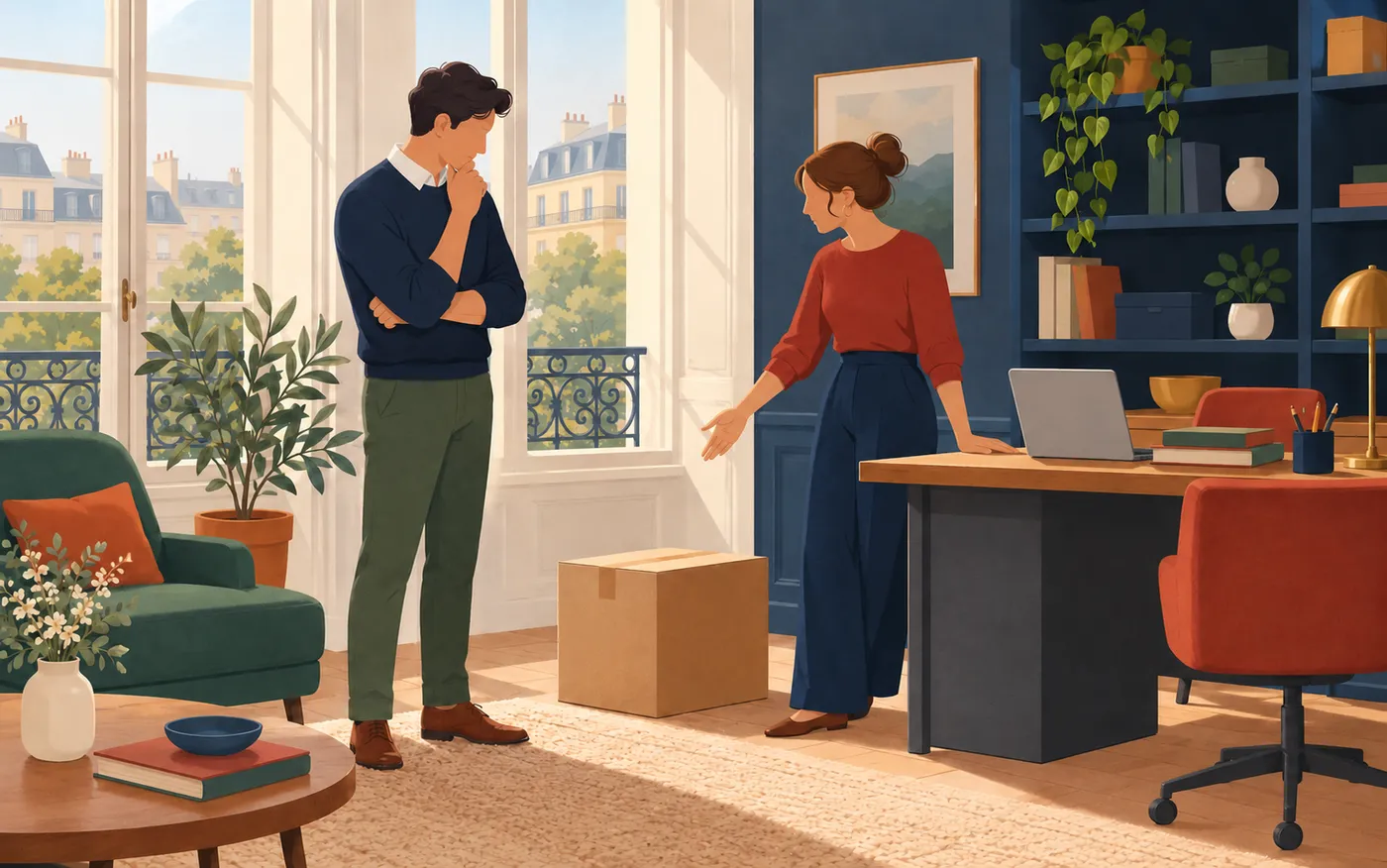 Two colleagues discuss a plain parcel waiting beside a French office desk.