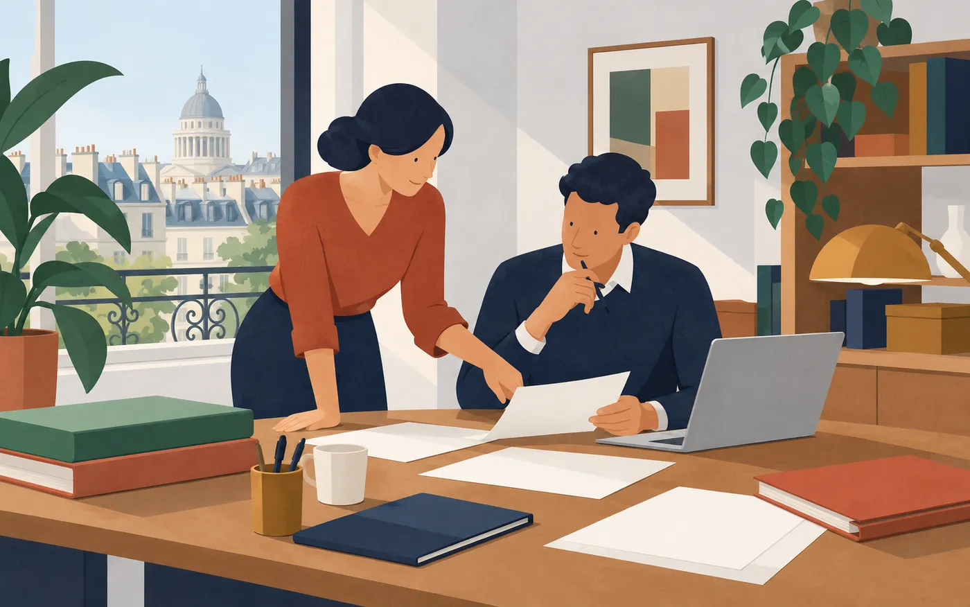 A colleague explaining ongoing work to a teammate at a French office desk, neat plain folders and blank papers.