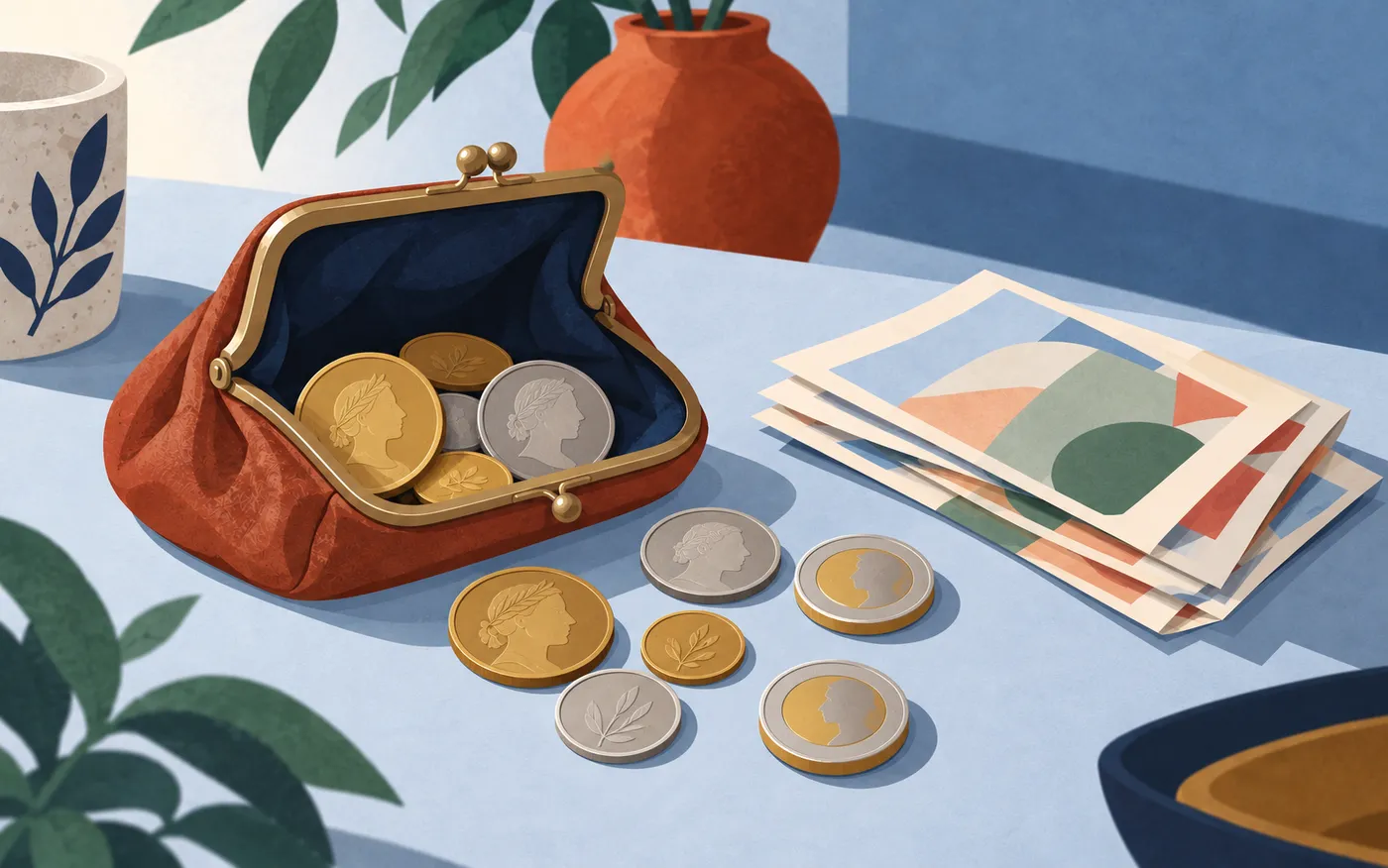 Old coins and two-tone coins lie beside a leather purse and folded banknotes.