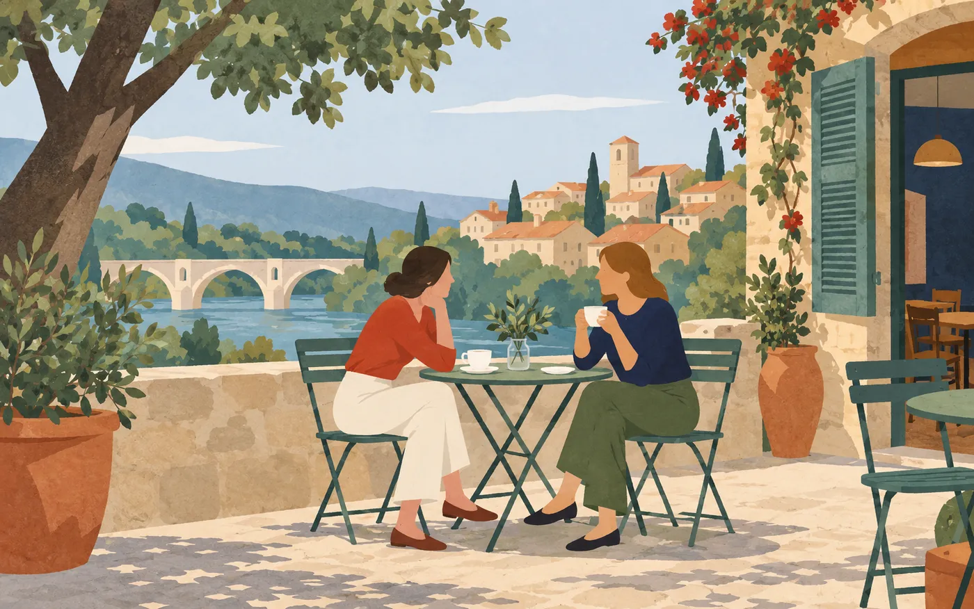 Two friends preparing to talk over coffee at a quiet French terrace table, generous space and calm daylight.