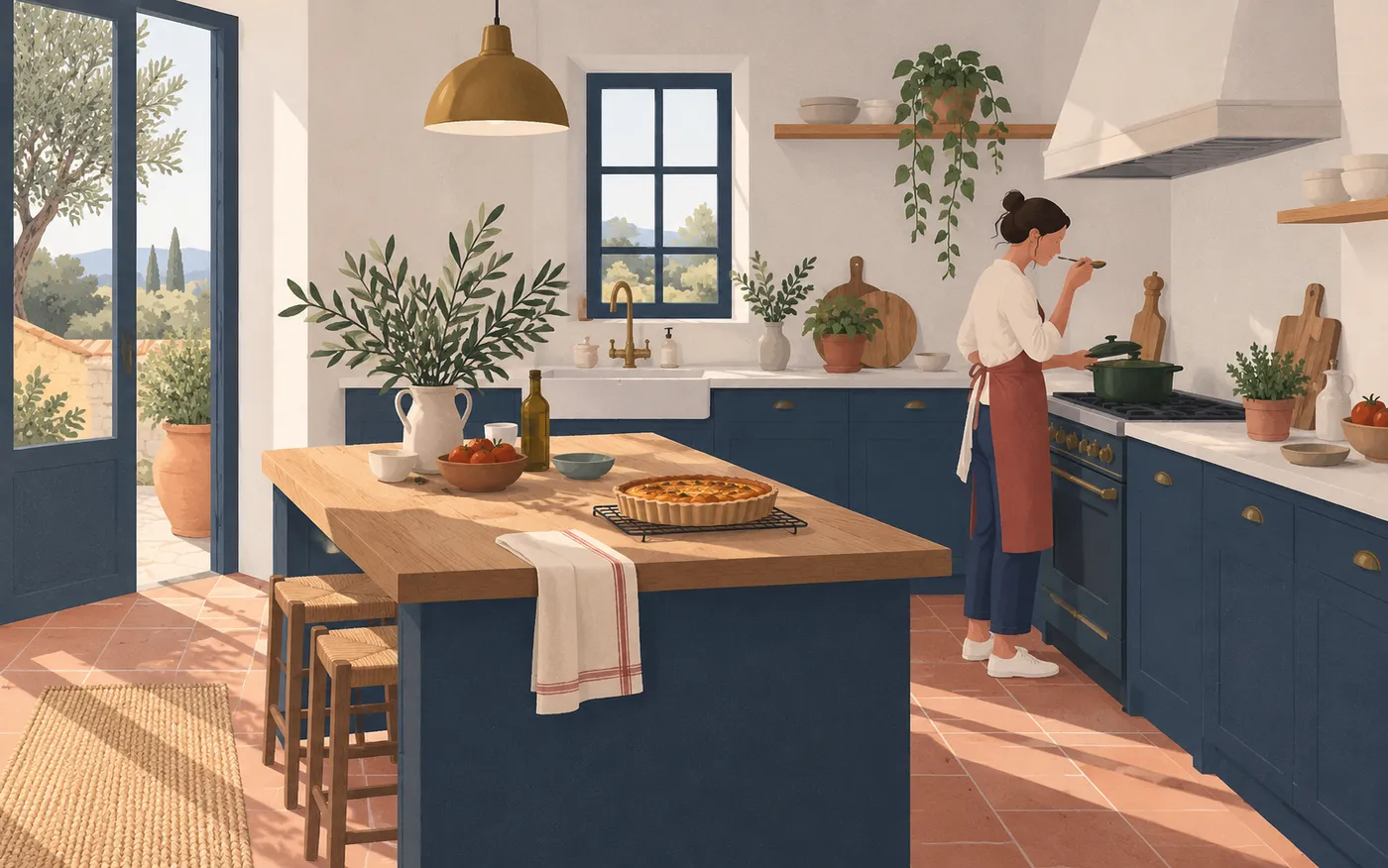 An adult cook tastes soup from a small spoon in a calm French kitchen, a freshly baked tart cooling nearby, whole figure seen at a distance.