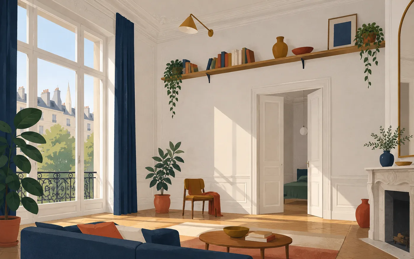 A French apartment with an unusually high ceiling, a high wall-mounted shelf, a small chair and a wall lamp mounted near the ceiling.